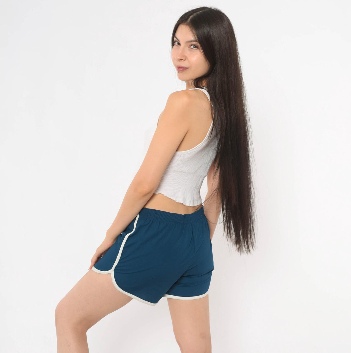 80s Navy Running Shorts White Piping Cotton Dolphin Hem Large L