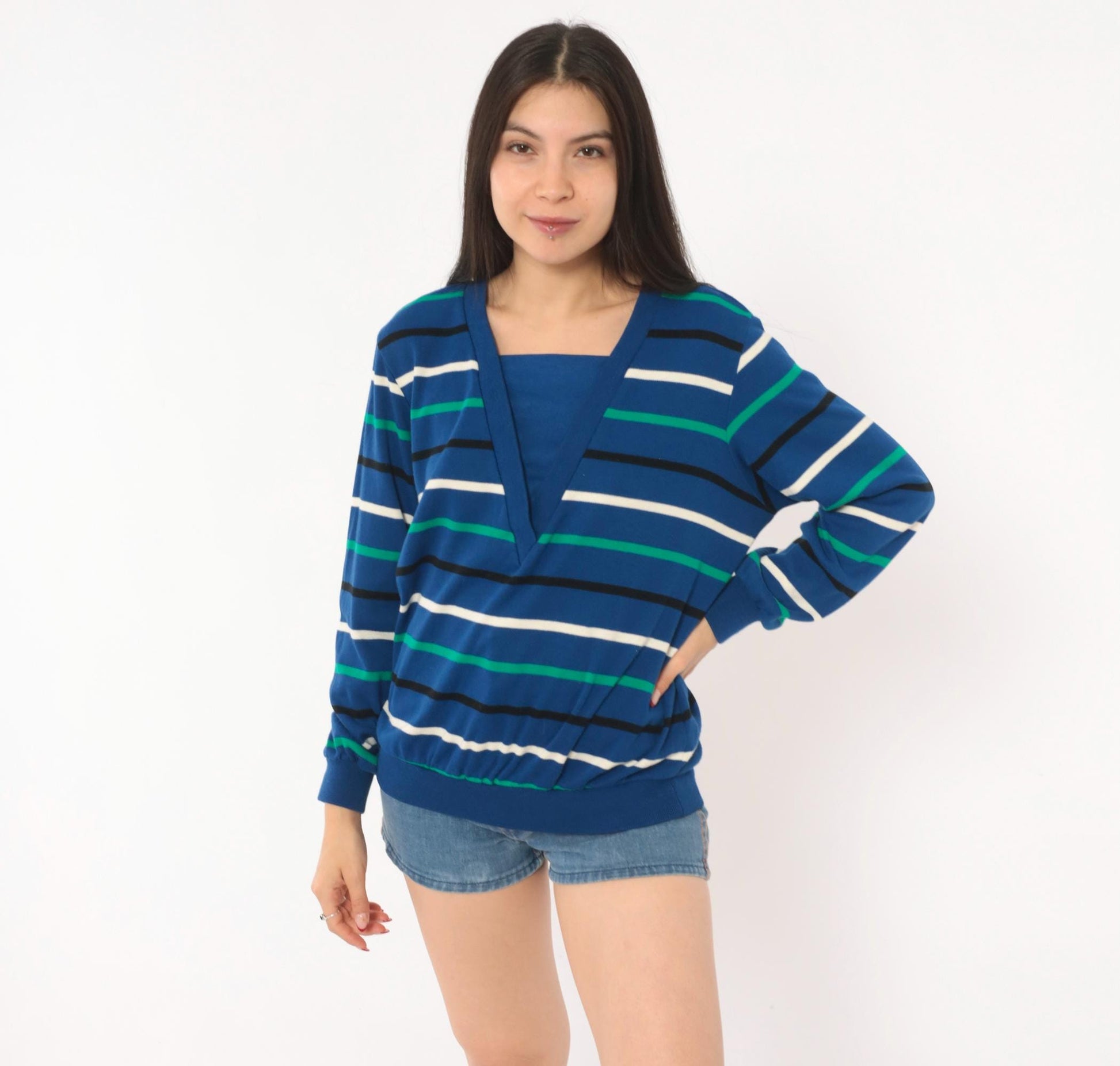 80s Alfred Dunner Striped V-Neck Sweater Cobalt Blue Cotton Knit Small