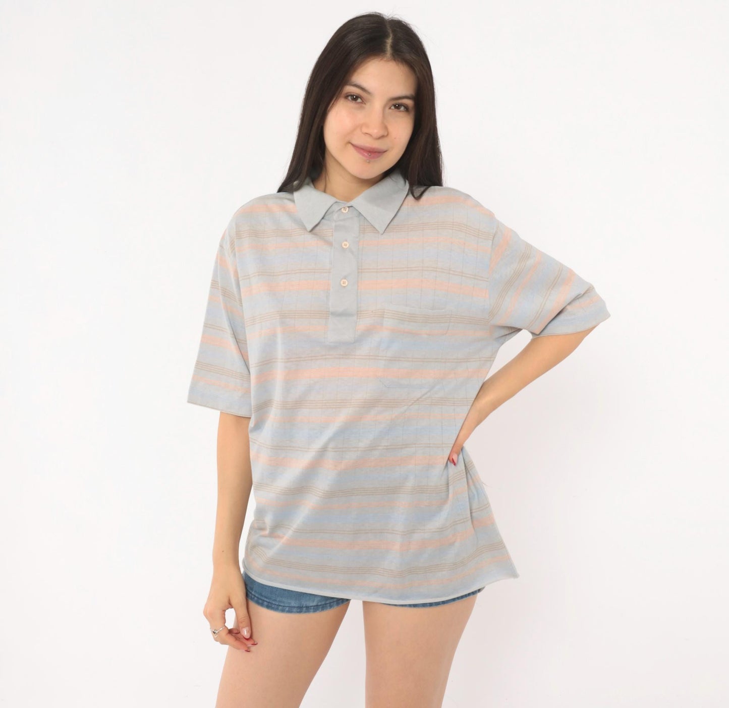 80s Knights Bridge Striped Polo Shirt Grey Peach Cotton Short Sleeve Extra Large XL