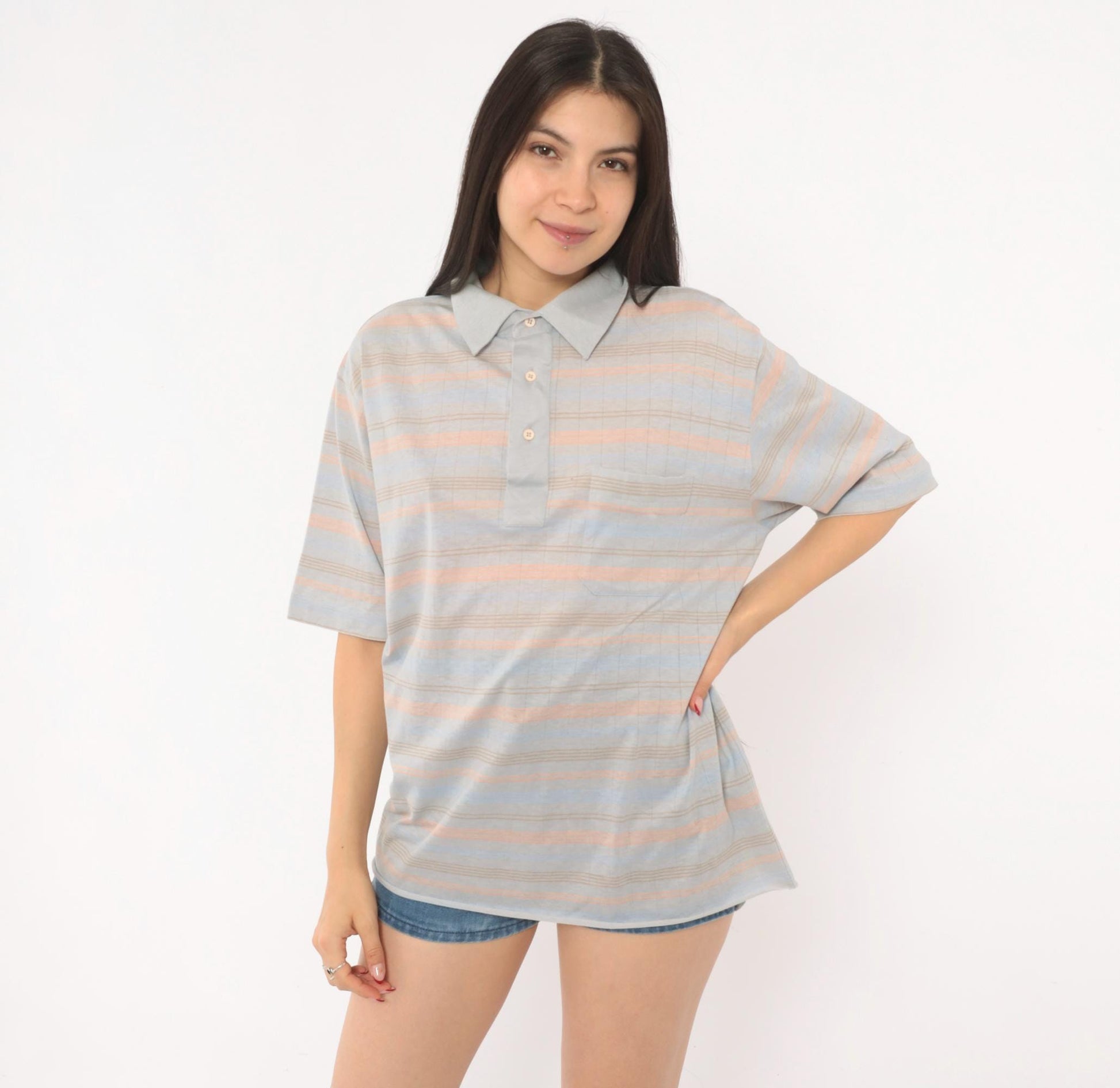 80s Knights Bridge Striped Polo Shirt Grey Peach Cotton Short Sleeve Extra Large XL