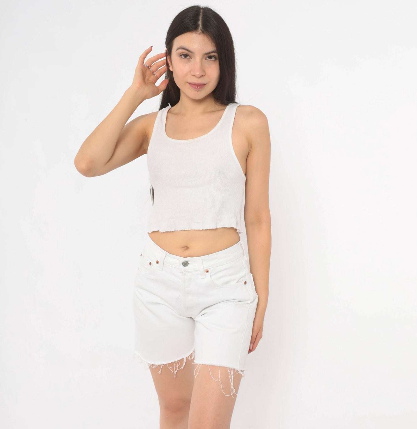 90s Levi's 501 White Denim Cutoff Shorts High Rise Button Fly Small S