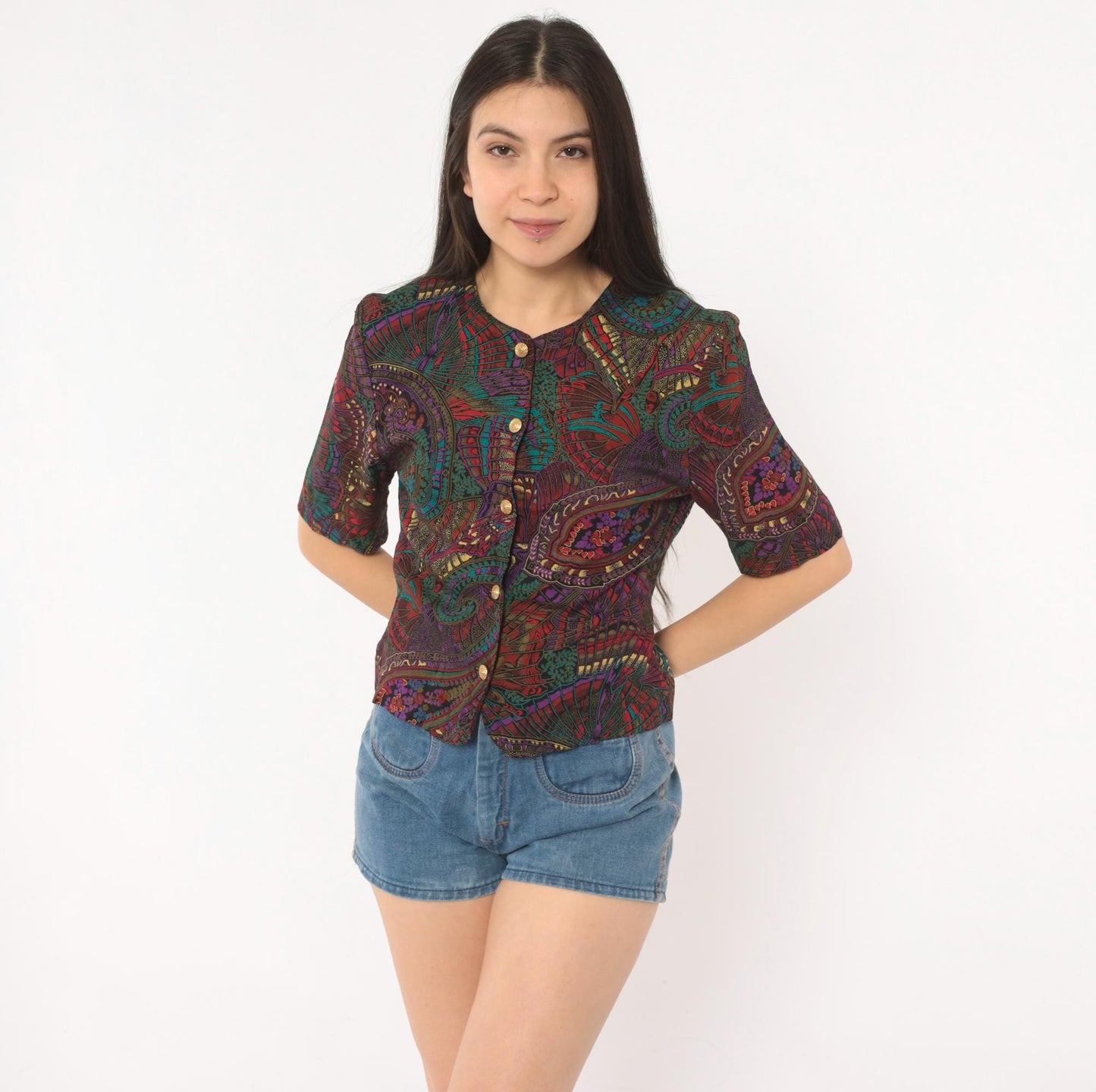 80s Norton Mcnaughton Paisley Button Blouse Teal Purple Gold Small S