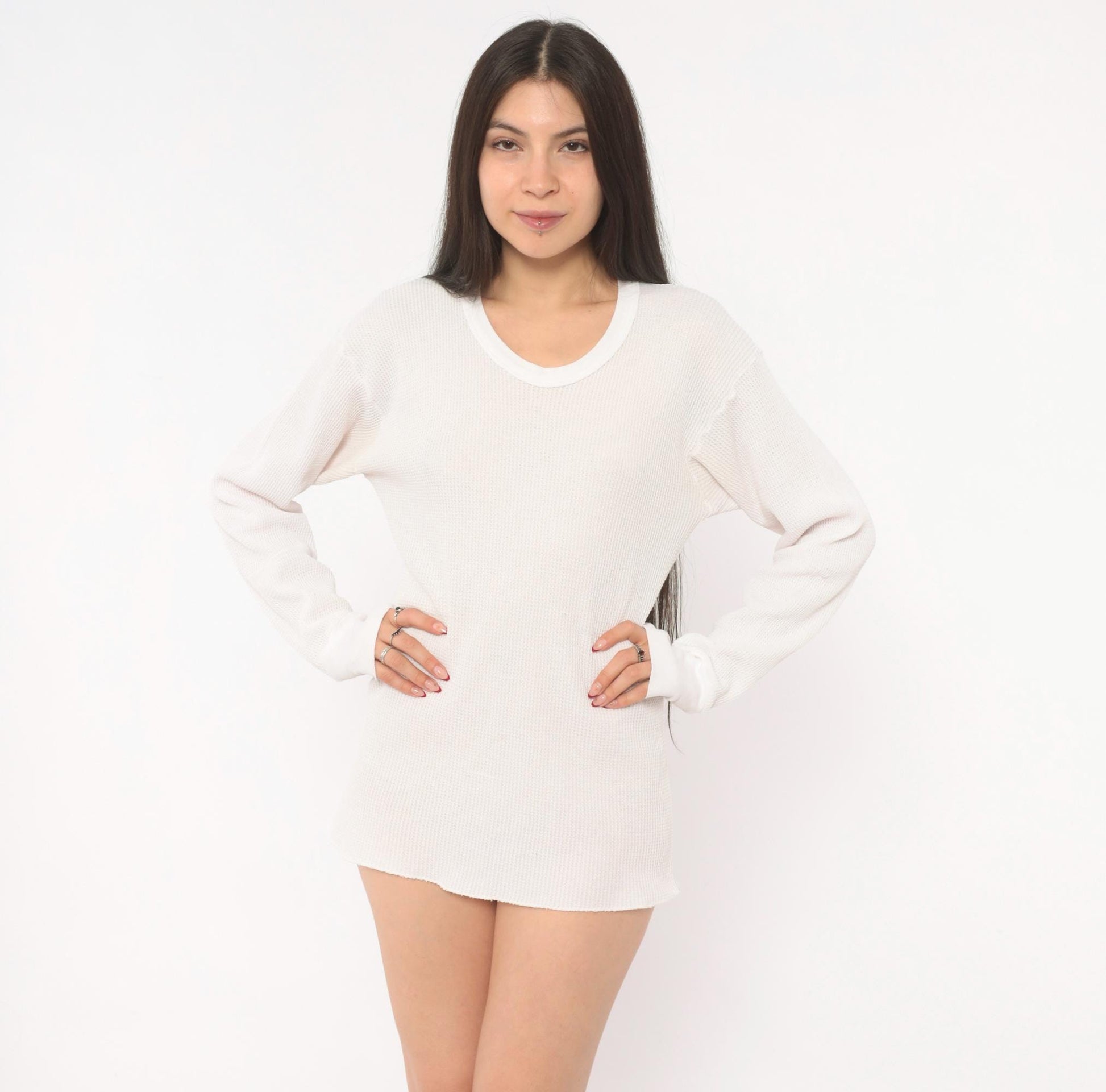 90s Waffle Knit Thermal Ivory Scoop Neck Long Sleeve Cotton Tee Large