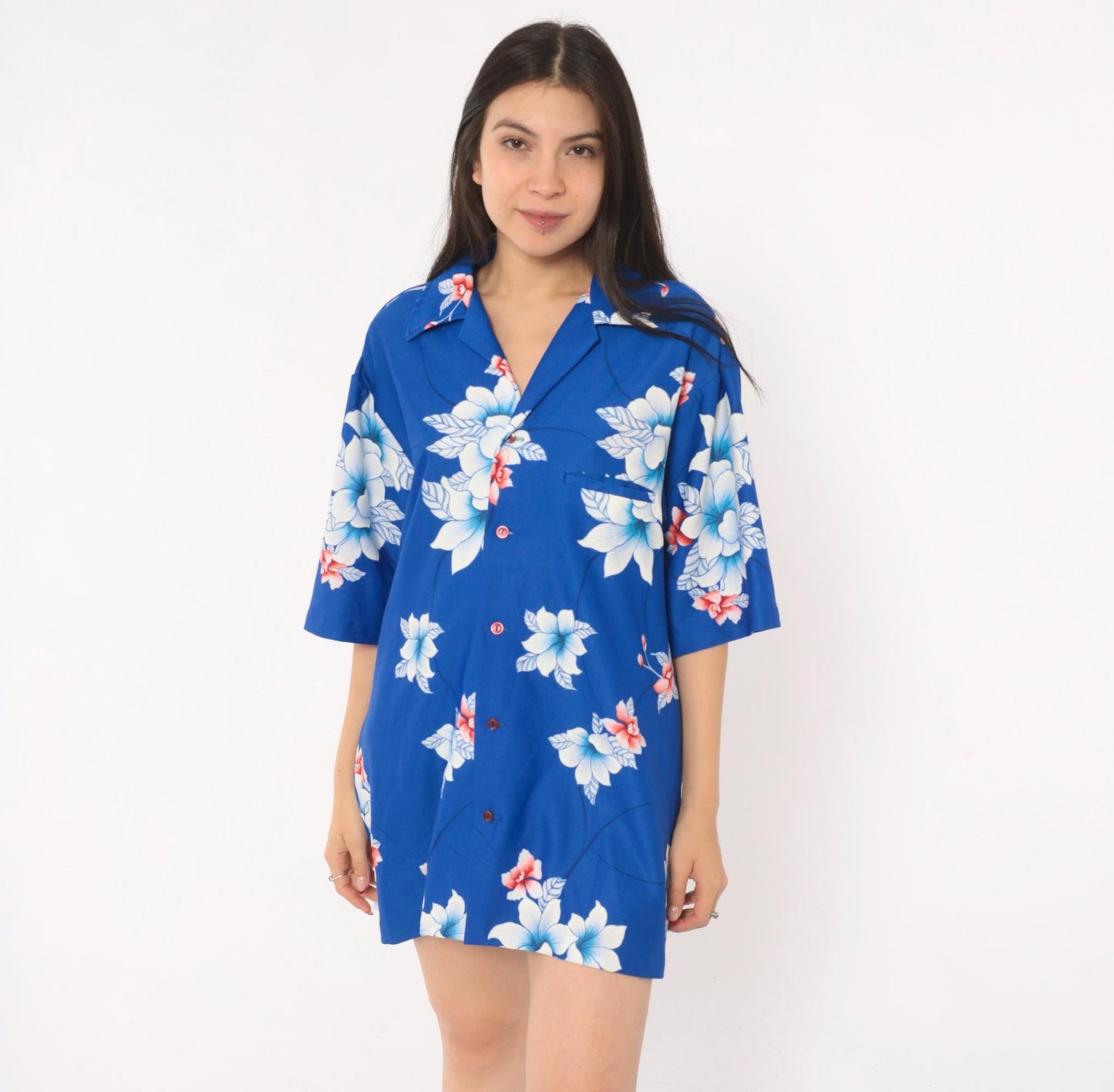 70s Hilo Hatties Hawaiian Shirt Blue Orchid Floral Camp Collar Medium