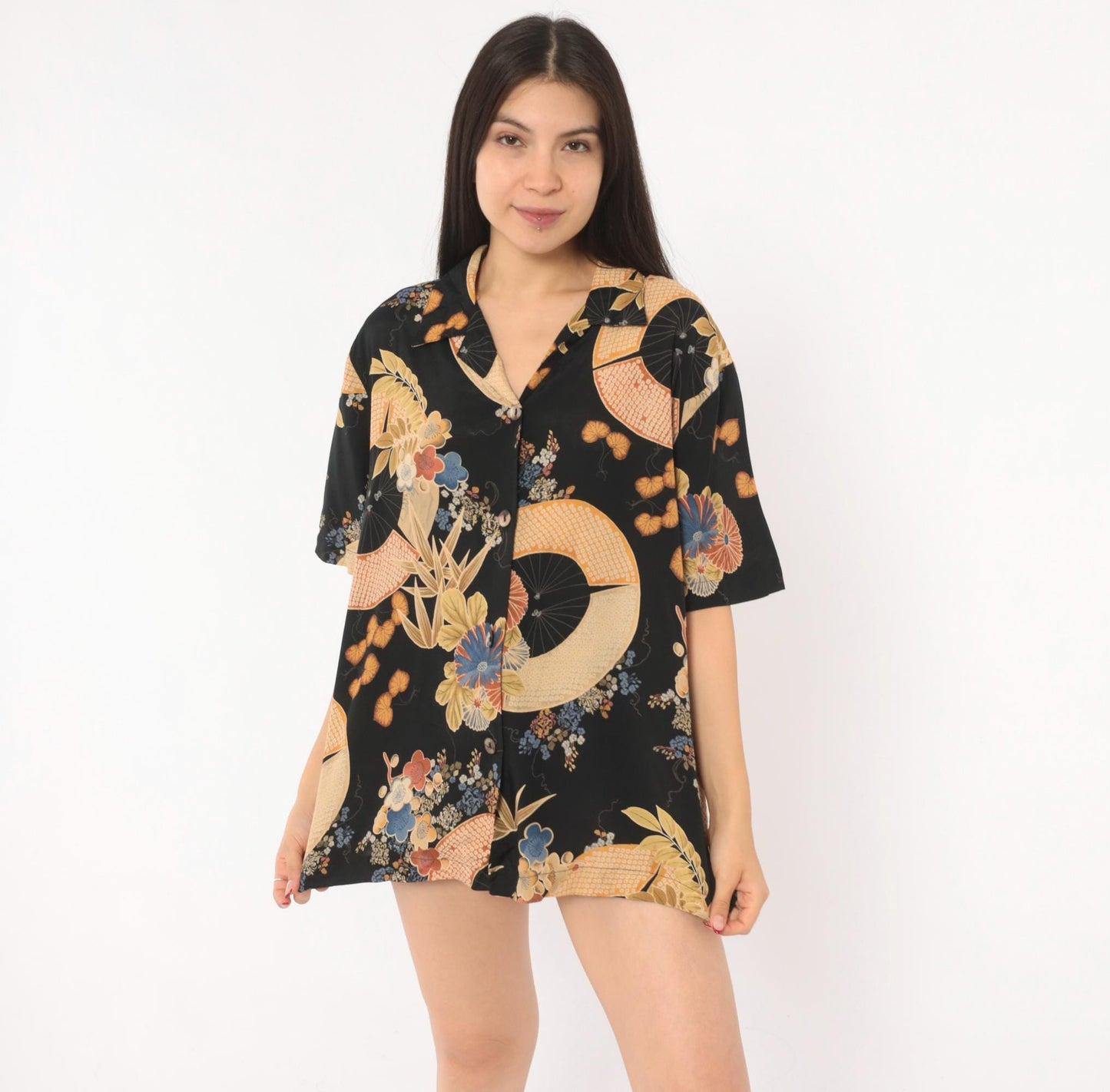 90s Clio Japanese Fan Floral Camp Collar Blouse Black Gold Rayon Large L