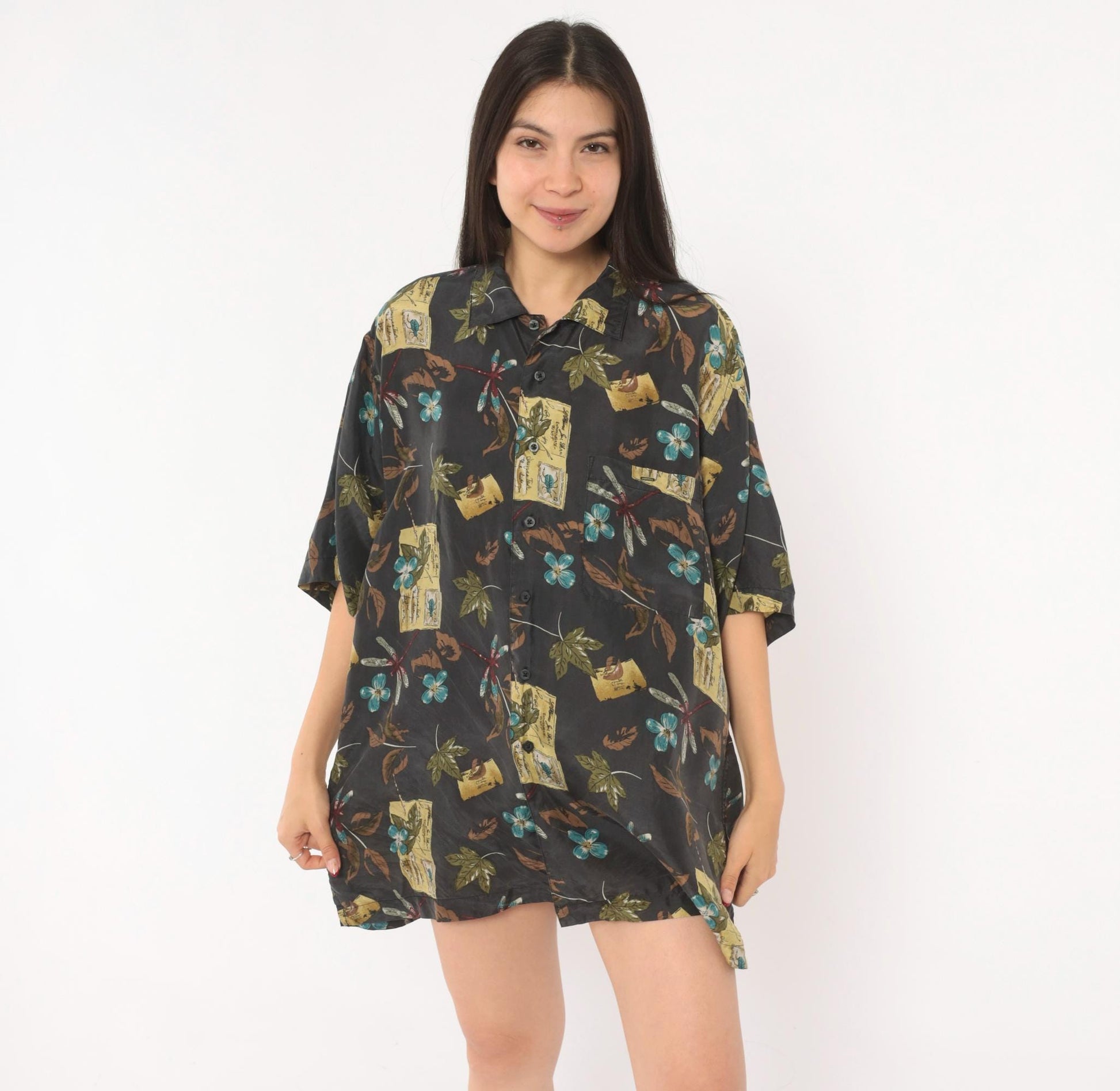 Y2K Firethorn Silk Camp Collar Shirt Dragonfly Botanical Print Teal Medium M