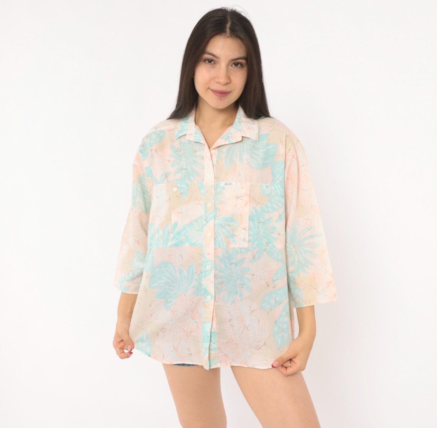 90s Alais Tropical Leaf Camp Collar Shirt Pastel Pink Mint Cotton Medium M