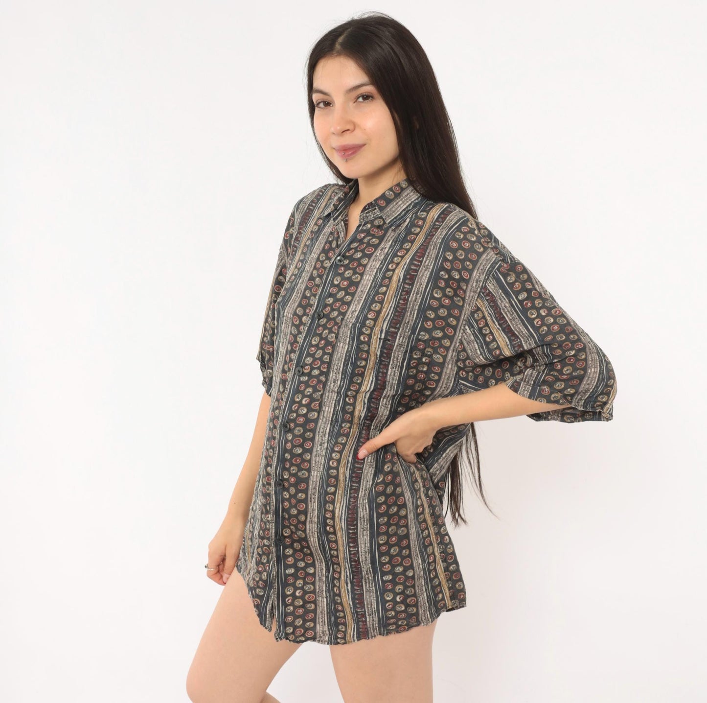 90s Summa Abstract Silk Shirt Grey Burgundy Stripe Camp Collar Small S