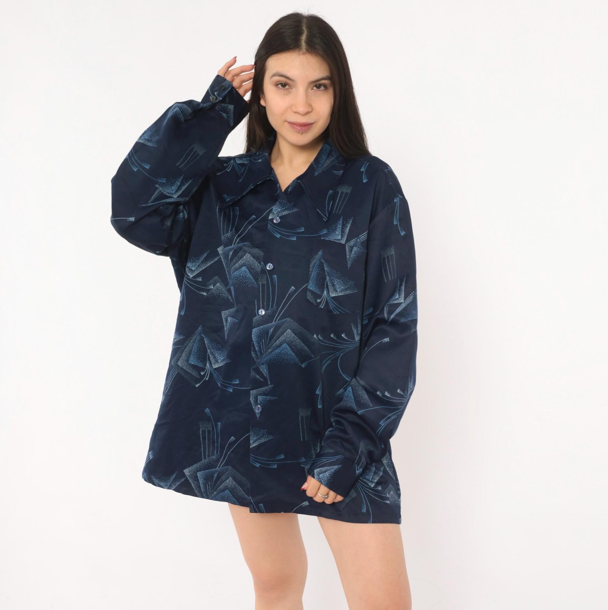 70s Paul Howard Navy Geometric Camp Collar Shirt Abstract Print Large L
