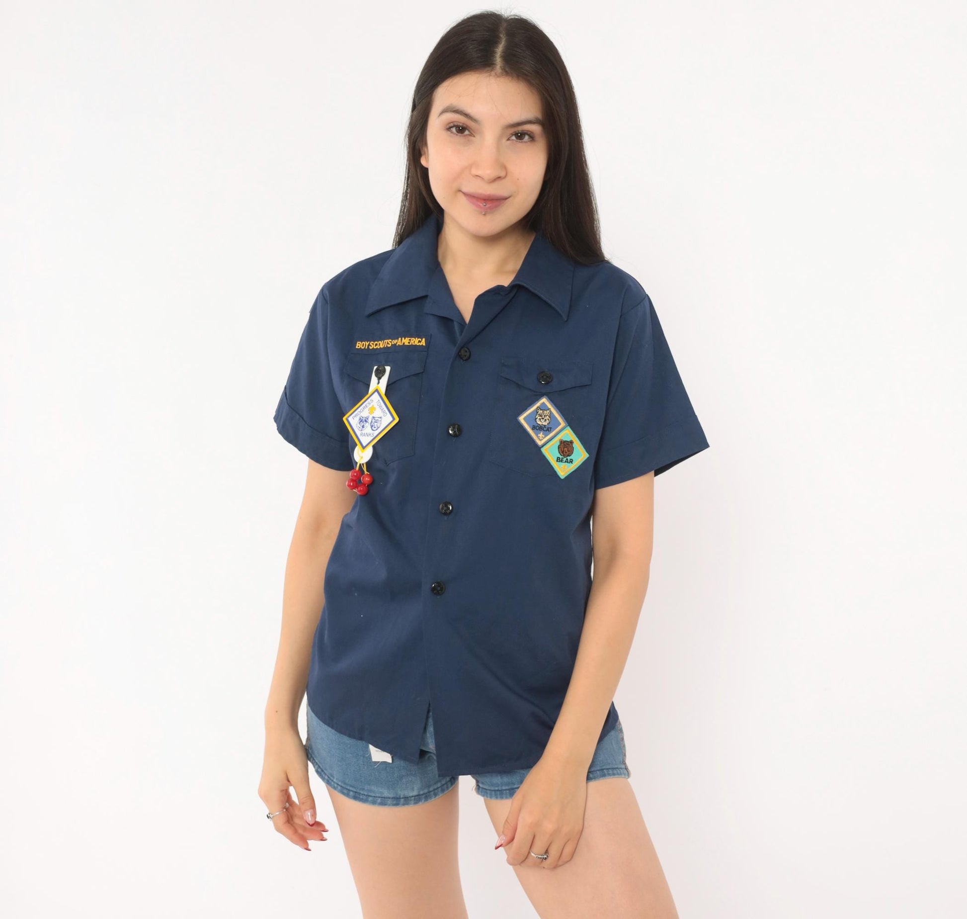 90s Boy Scouts of America Navy Uniform Shirt Bobcat Bear Patches Small