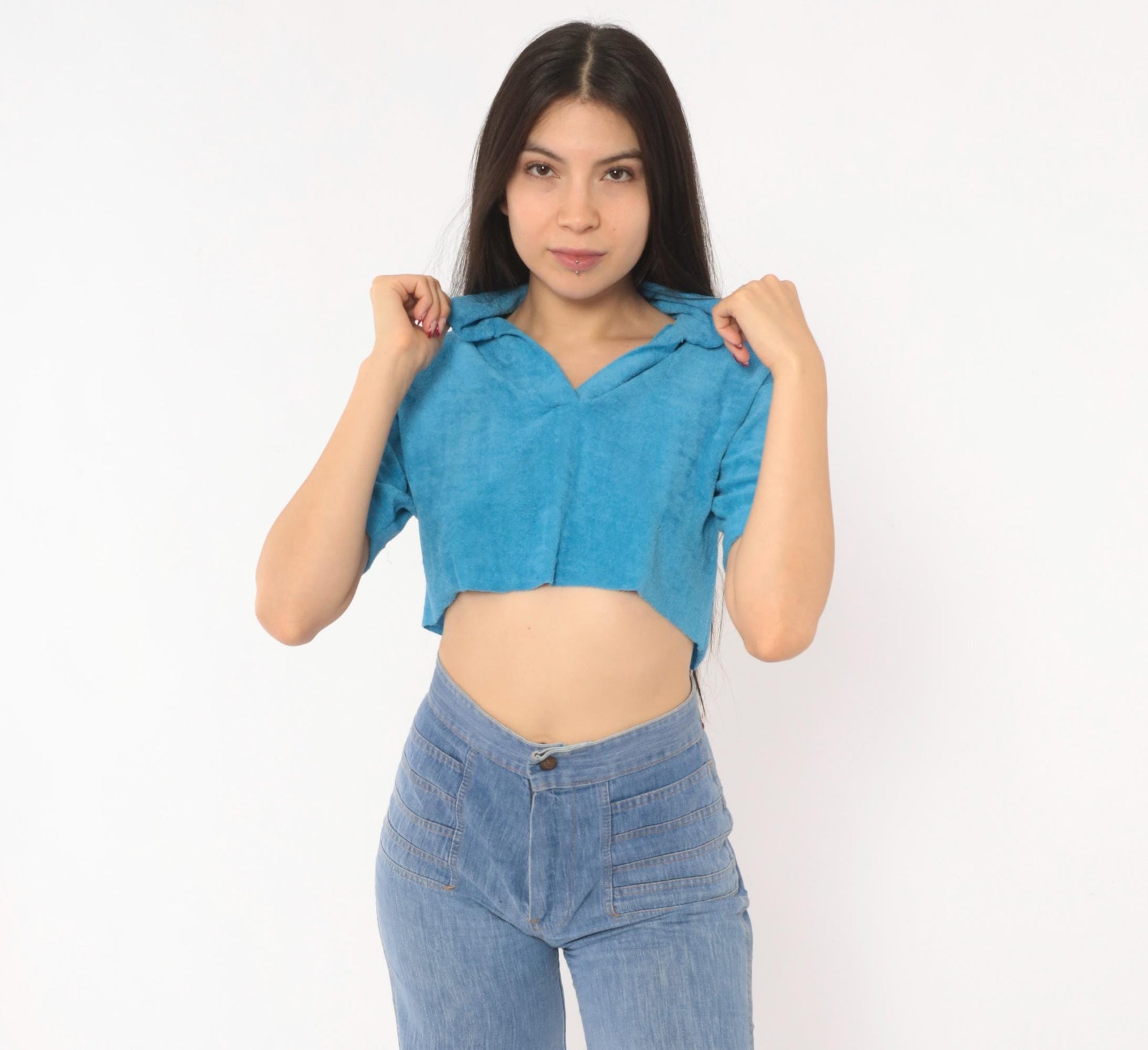 80s Jason Maxwell Terry Cloth Crop Top Blue Polo Collar Small Medium