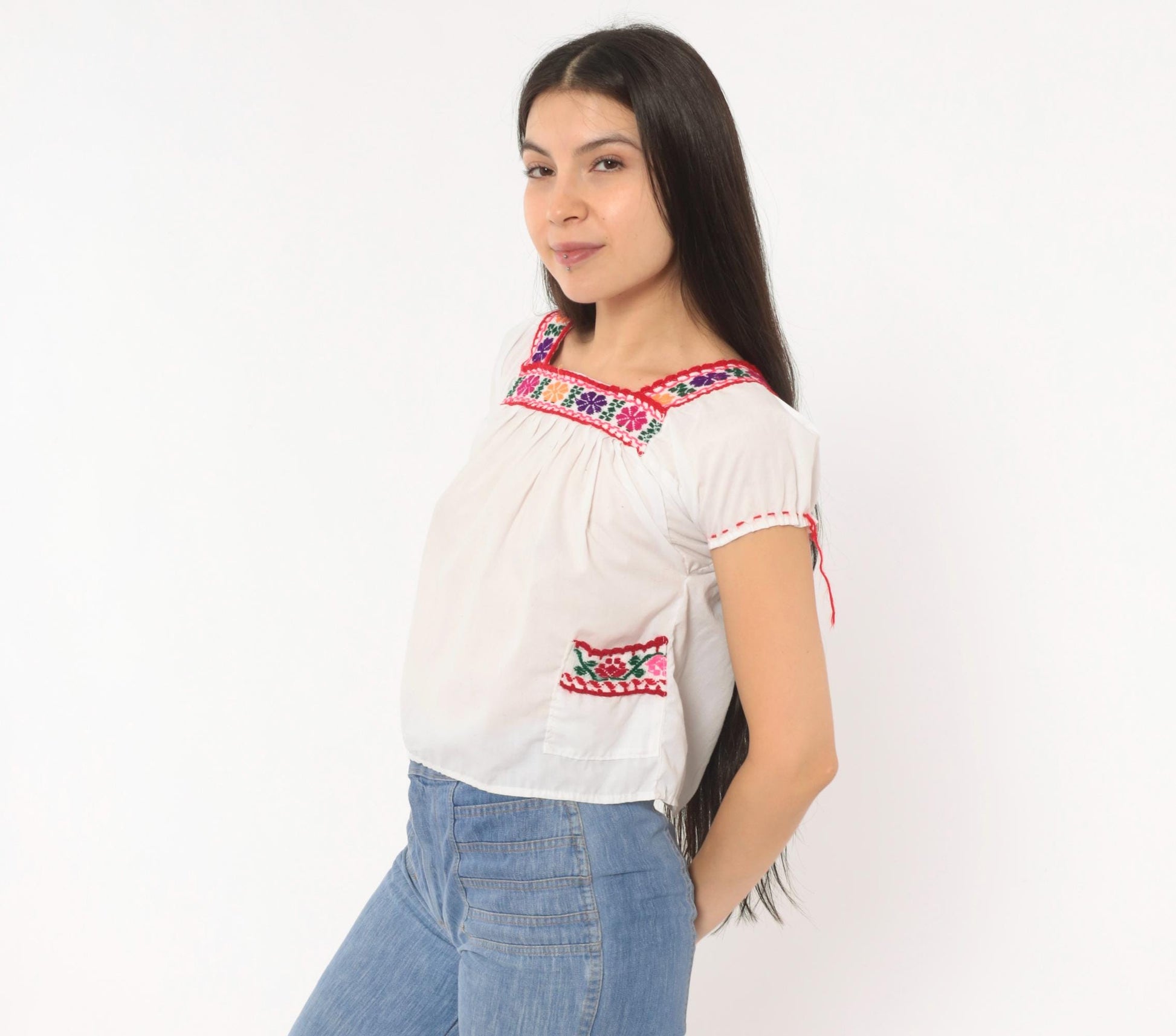 80s Mexican Embroidered Cotton Peasant Blouse White Floral Square Neck Extra Small XS