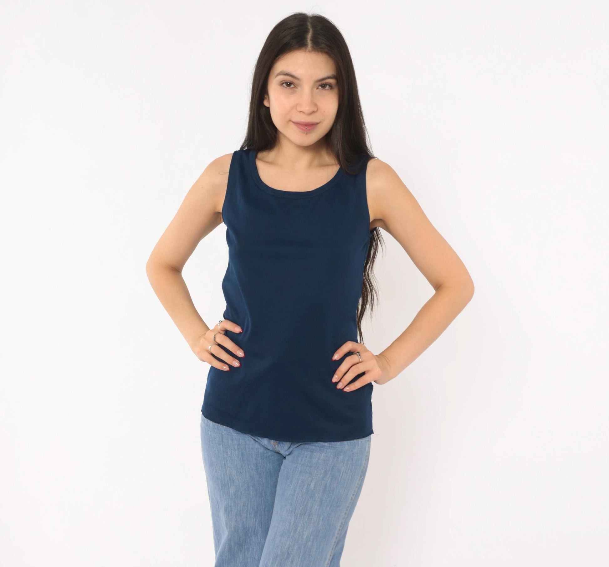 70s Navy Blue Tank Top Alex Colman Sleeveless Shell Scoop Neckline Extra Small XS