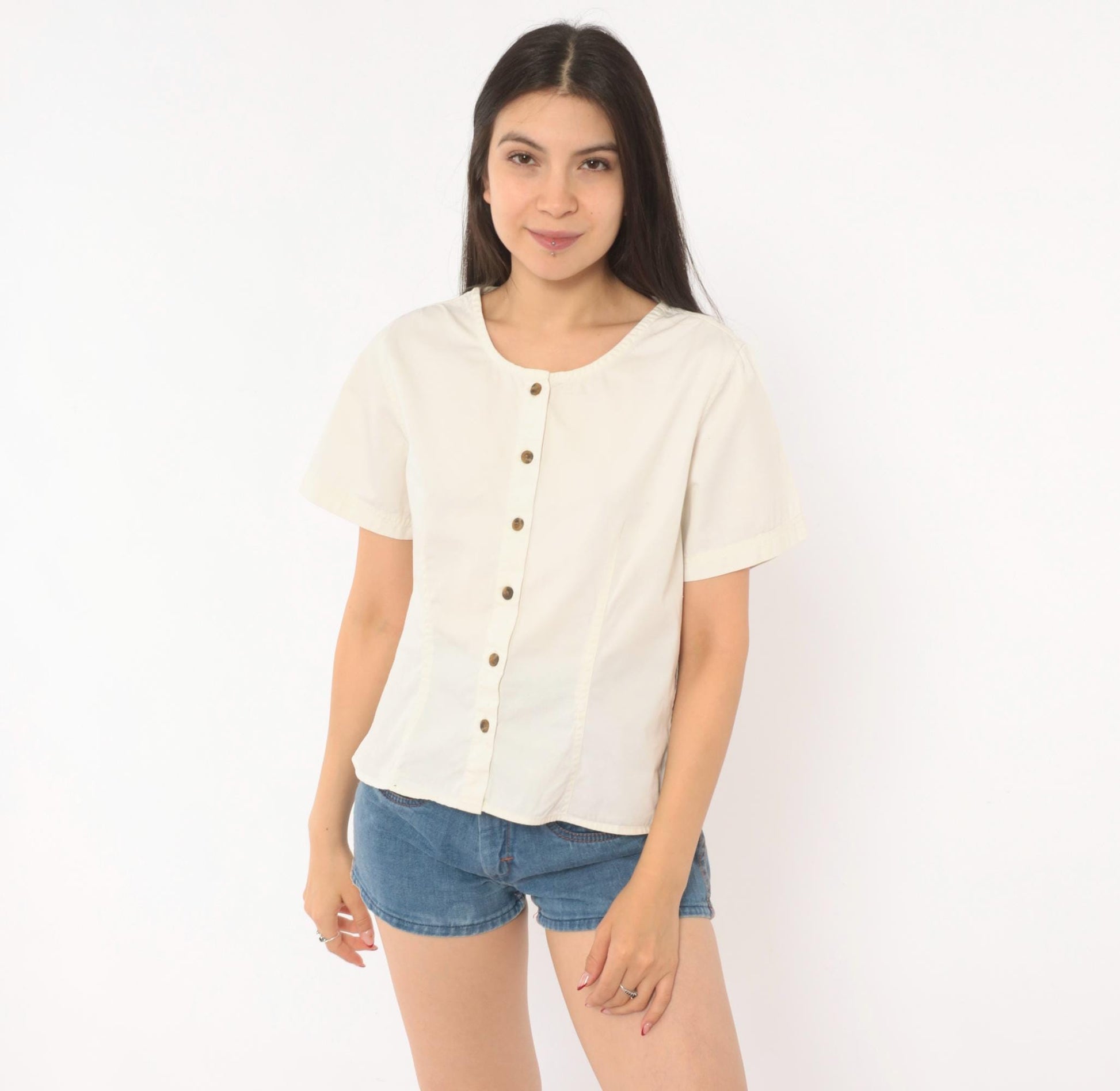 Y2K REI Cream Cotton Button-Front Blouse Short Sleeve Small