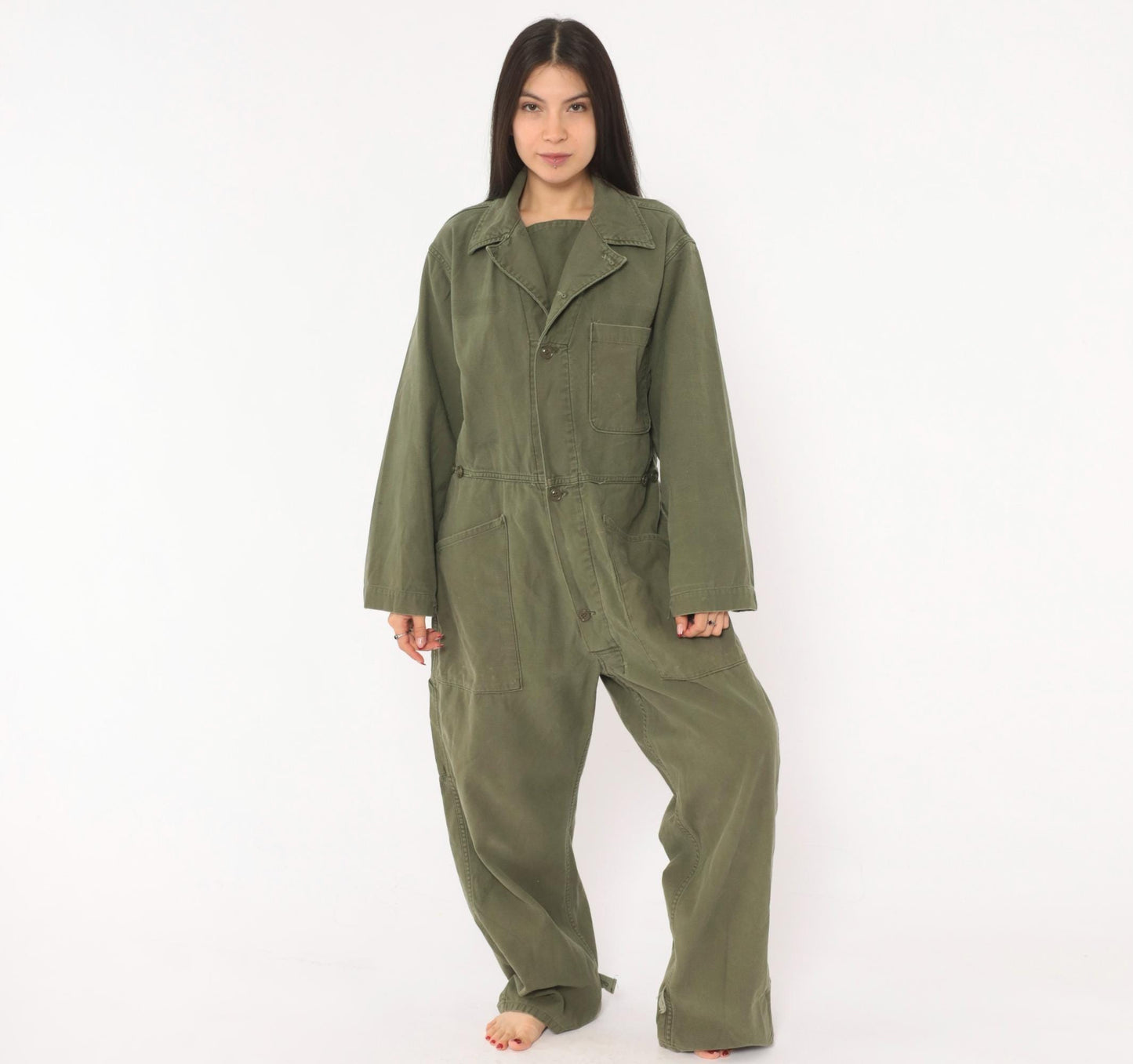 80s Army Olive Cotton Coveralls Button Front Jumpsuit Medium M