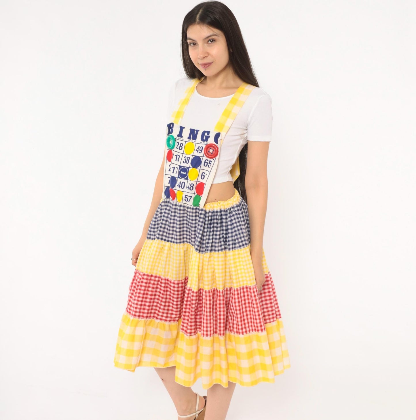 80s Bingo Card Cotton Pinafore Jumper Dress Tiered Gingham Navy Yellow Red Medium Large