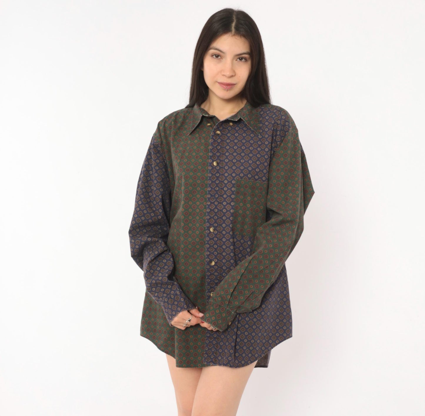 90s Nautica Patchwork Button Shirt Medallion Print Olive Navy Large L