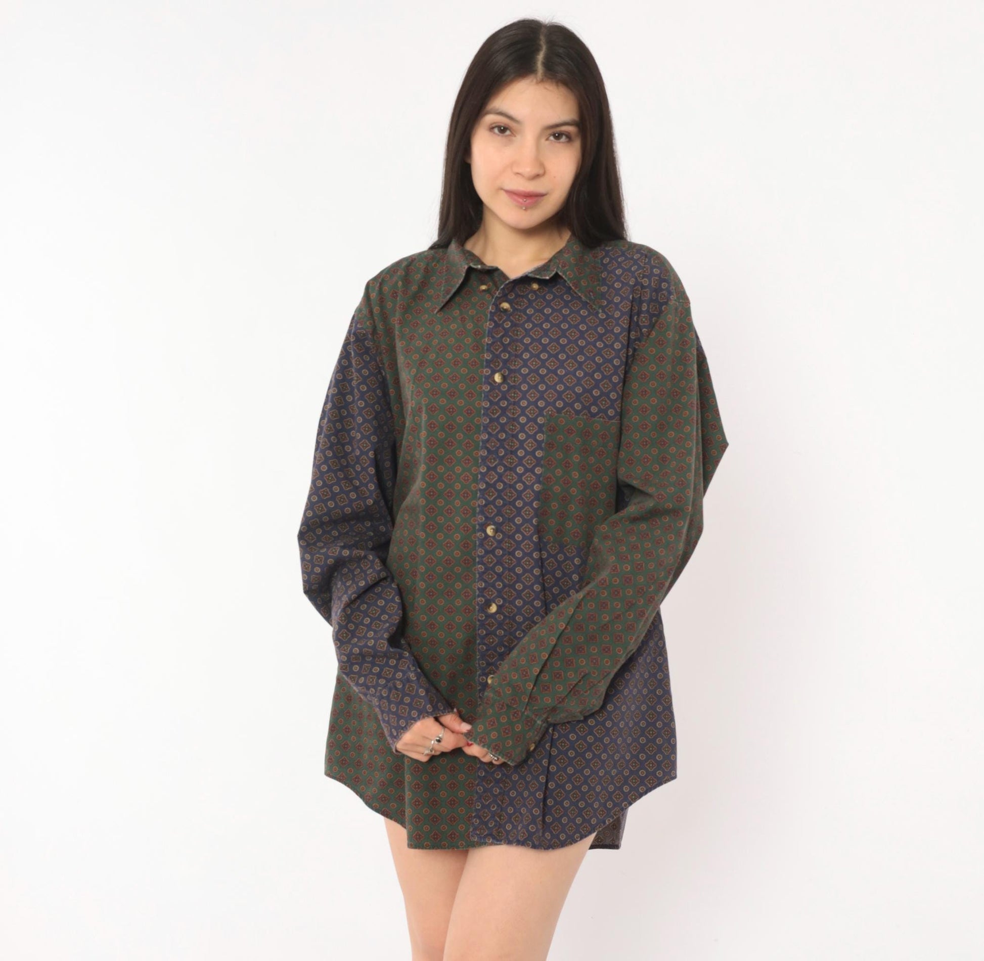 90s Nautica Patchwork Button Shirt Medallion Print Olive Navy Large L