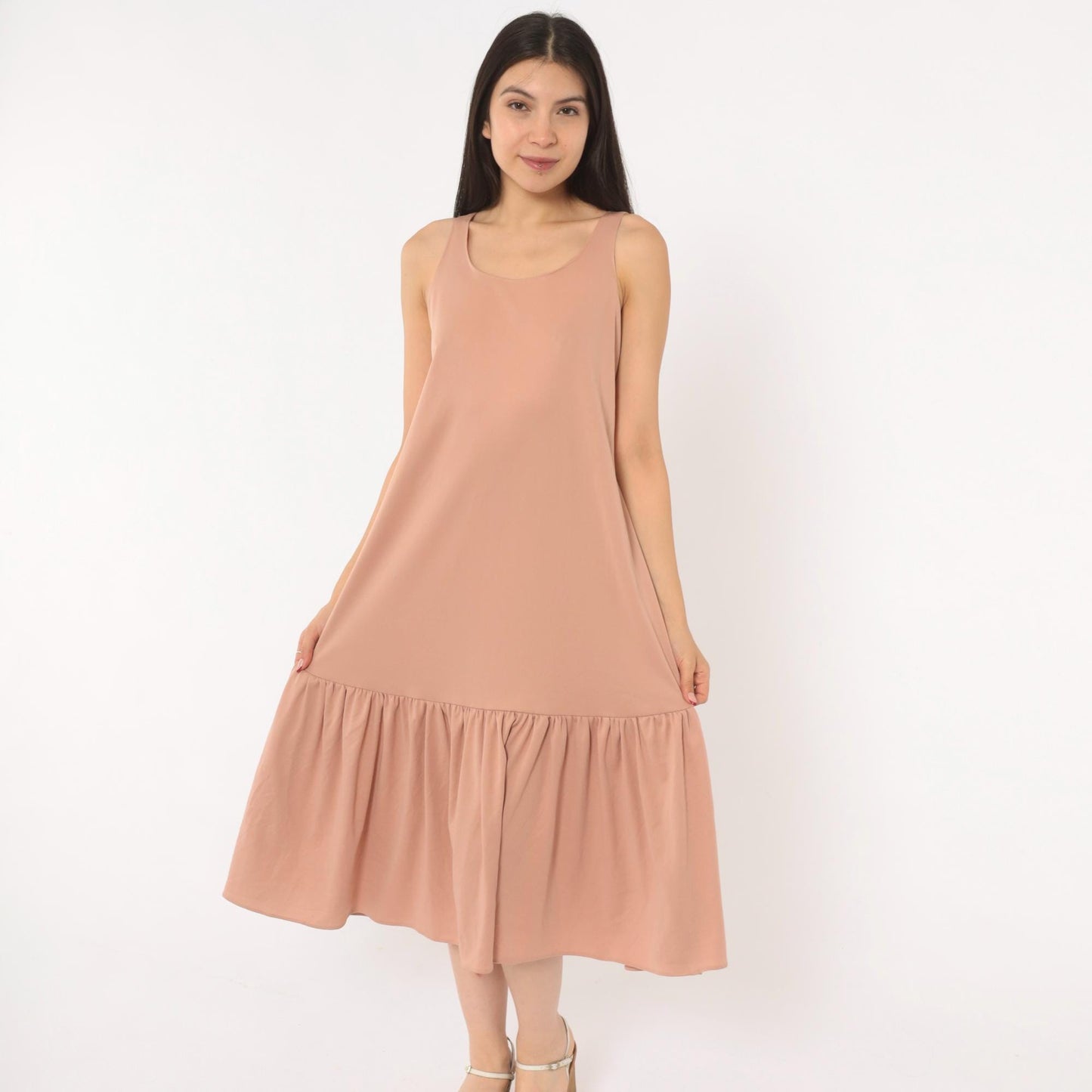 70s Dusty Rose Drop Waist Midi Dress Sleeveless Scoop Neck Tank Medium