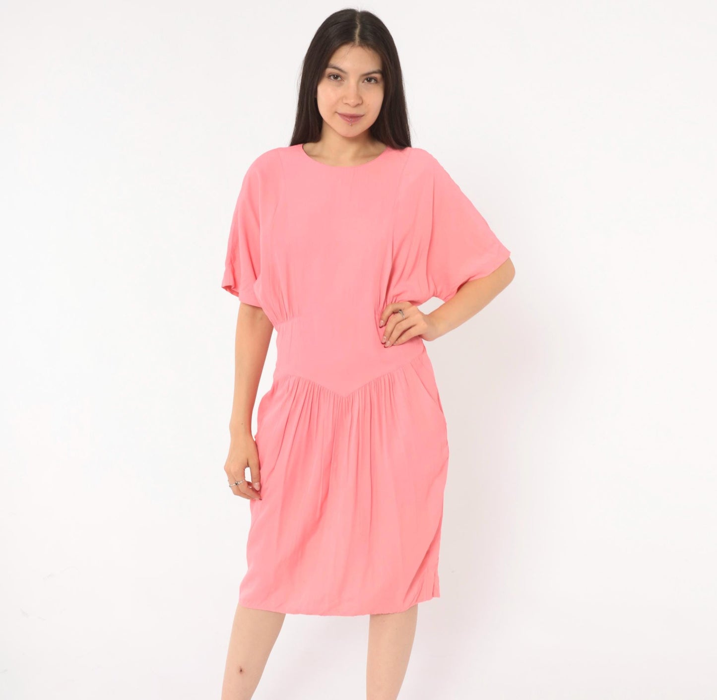 90s Carol Anderson Coral Pink Blouson Dress Smocked Waist Knee Length Large L