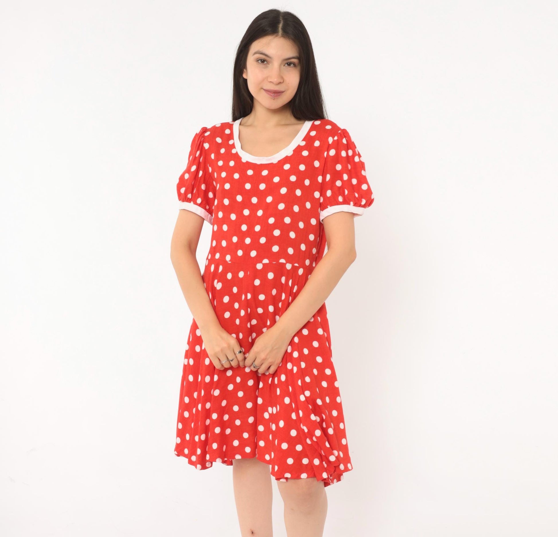 80s Red White Polka Dot Babydoll Dress Puff Sleeve Cotton Swing Mini Small
