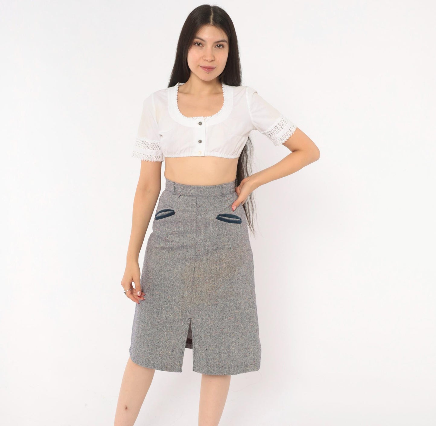 70s Navy Grey Tweed A-Line Skirt High Waist Welt Pocket Wool Blend Extra Small XS