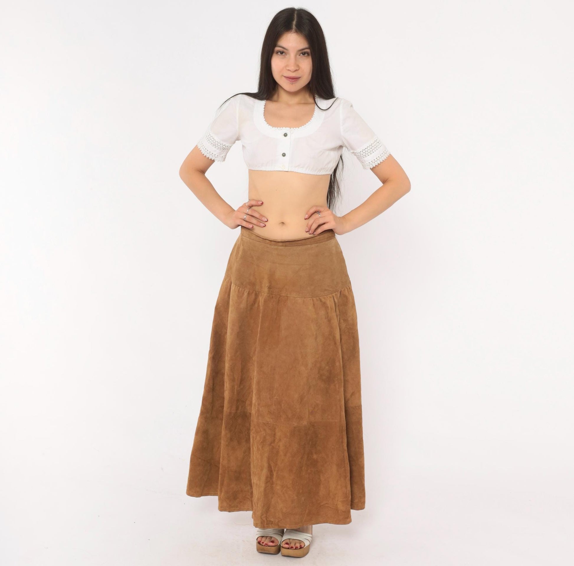 90s JH Collectibles Suede Maxi Skirt Tan A-Line Tiered Medium M