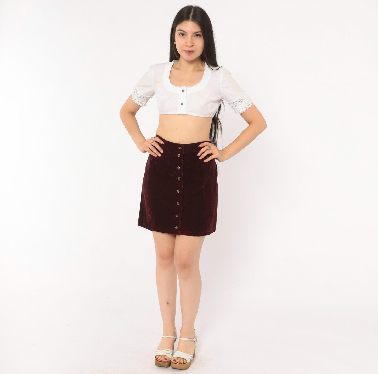 90s Burgundy Velvet Mini Skirt Silver Snap Button Front Embroidered Small