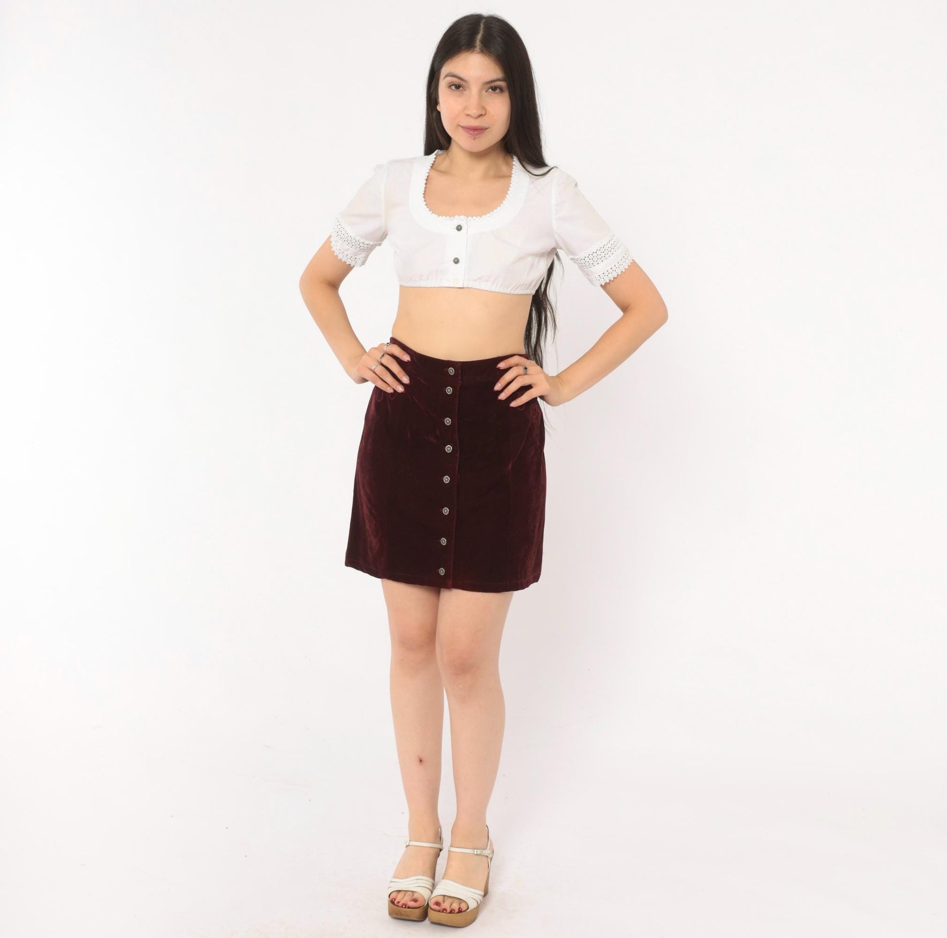90s Burgundy Velvet Mini Skirt Silver Snap Button Front Embroidered Small