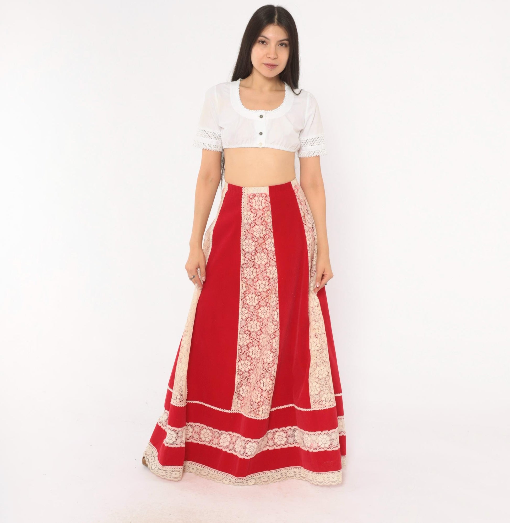 70s Red Velvet Maxi Skirt Cream Lace Panel A-Line Large L