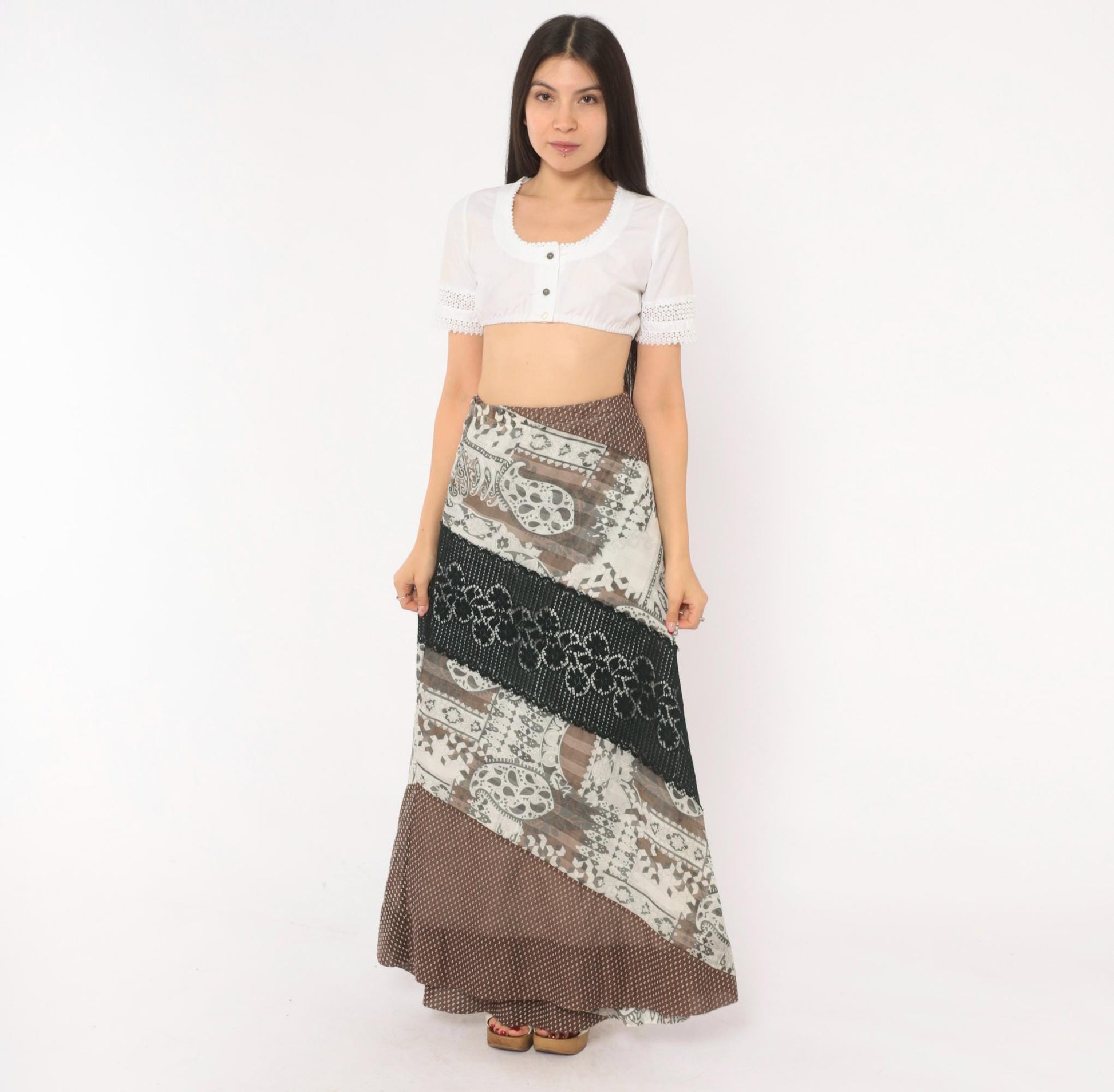 70s Chessa Davis Patchwork Maxi Wrap Skirt Brown Black Paisley Crochet Lace Large L