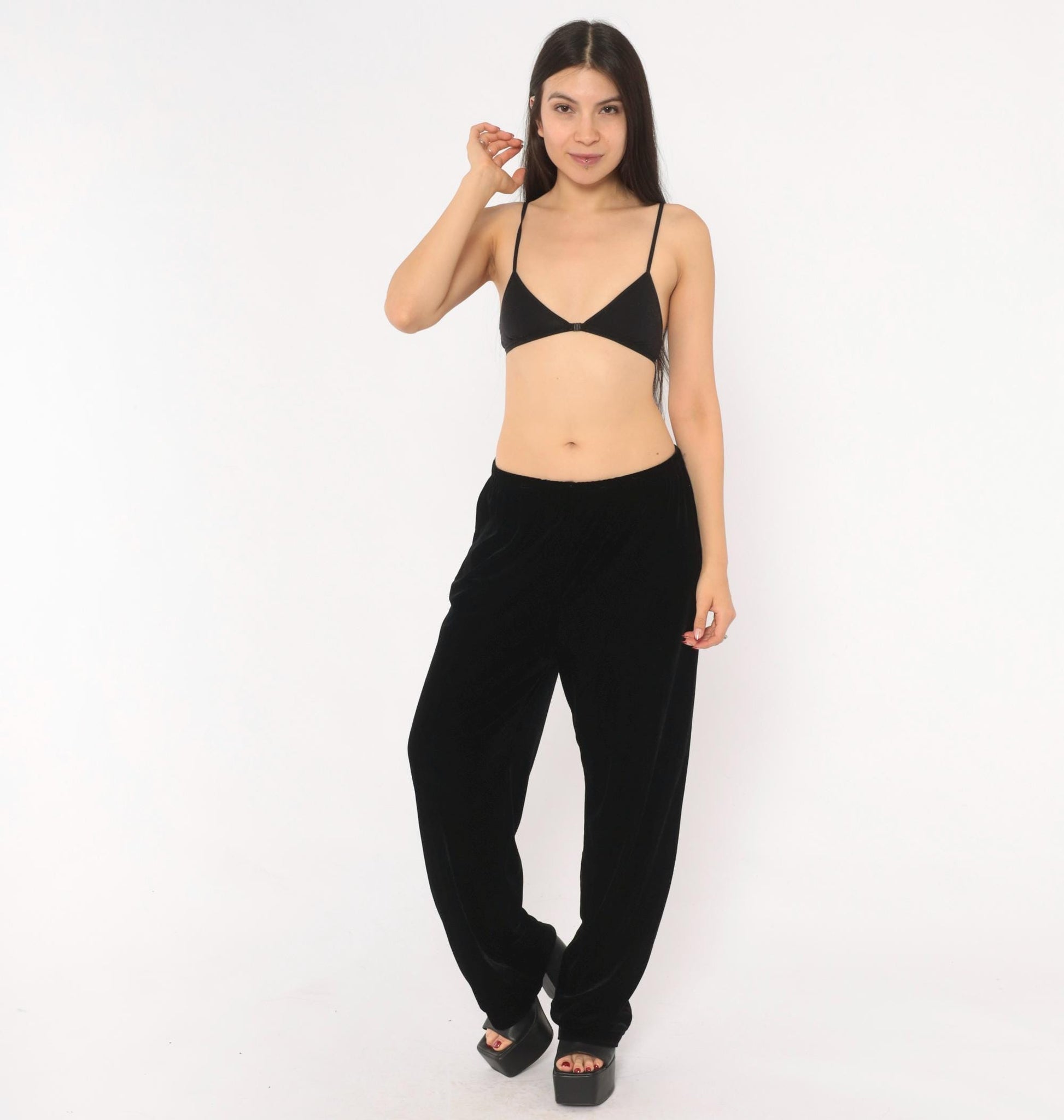 90s Black Velvet Pants Straight Leg Sheri Martin Elastic Waist Medium