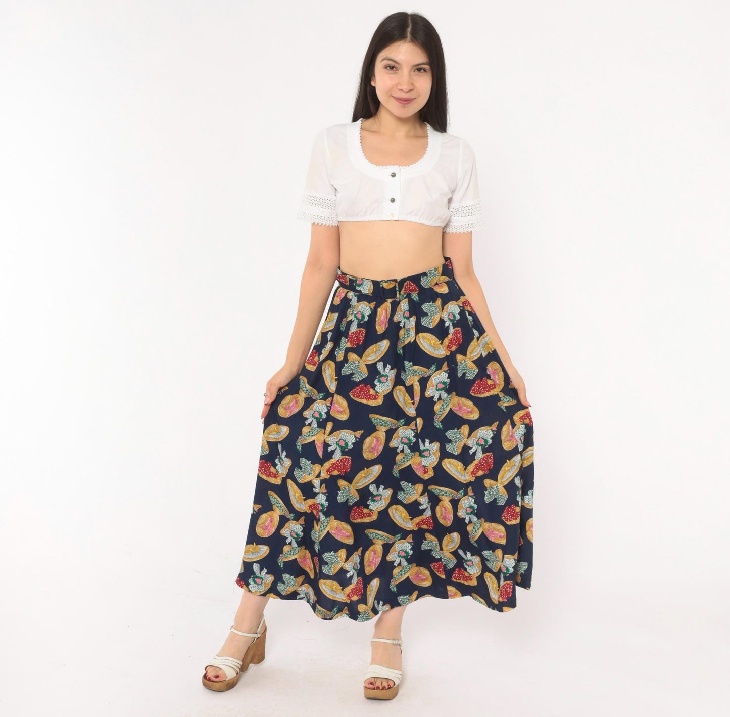 90s Susan Bristol Midi Skirt Straw Hat Print Navy Yellow Green Medium M