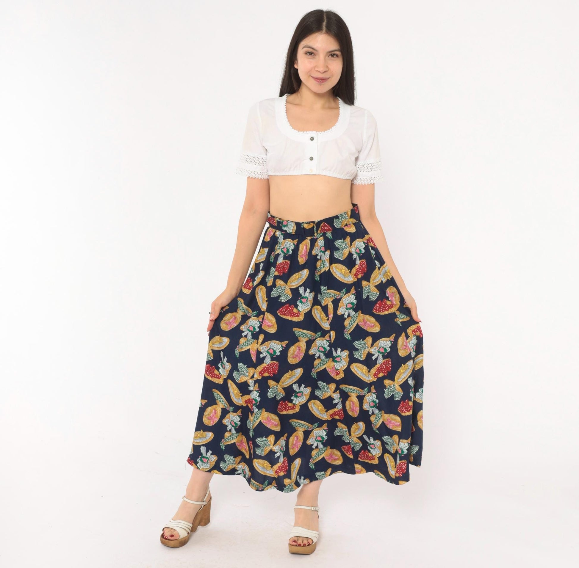 90s Susan Bristol Midi Skirt Straw Hat Print Navy Yellow Green Medium M