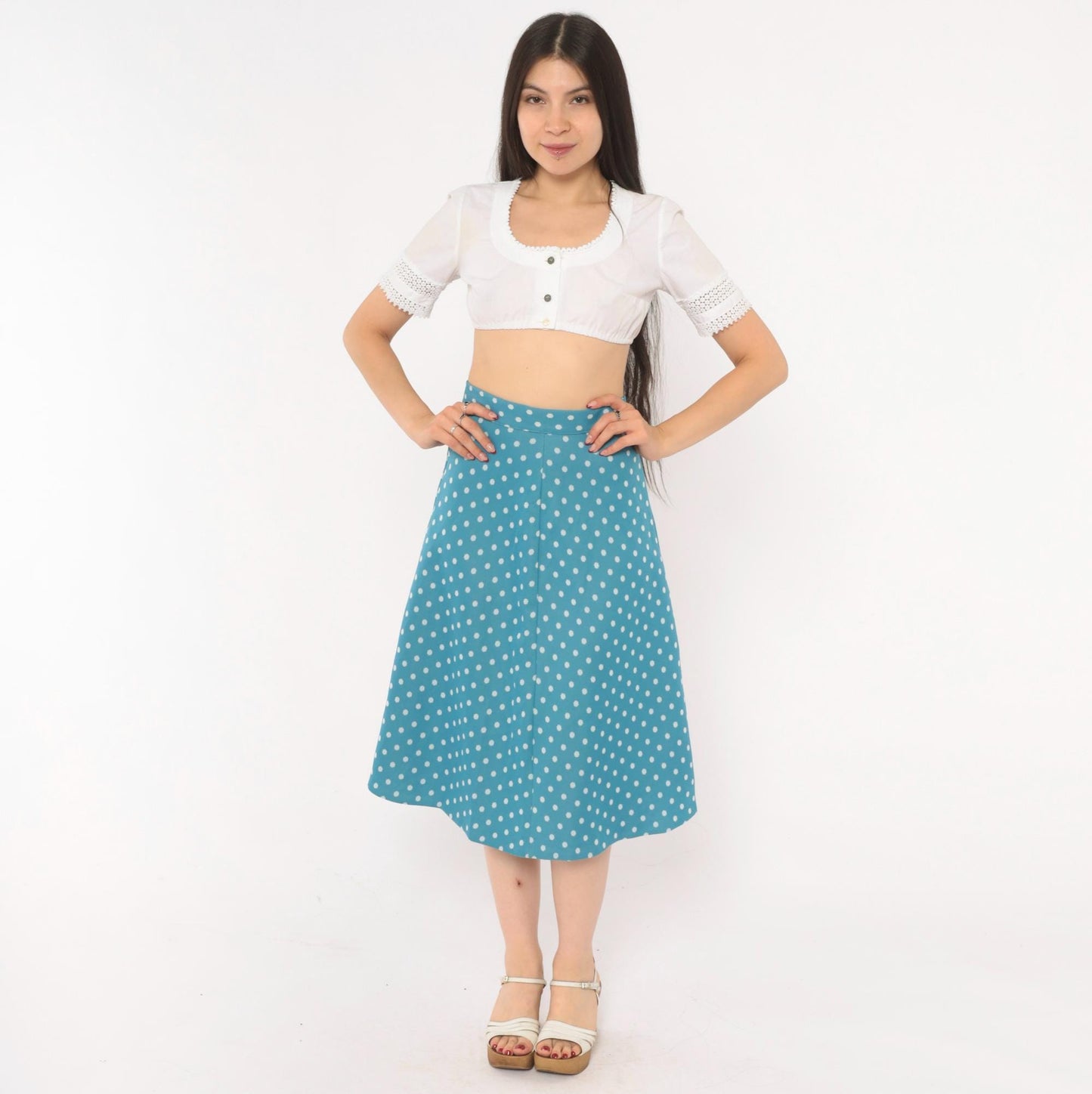 70s Teal Polka Dot A-Line Skirt White Spots Button Back Knee-Length Extra Small