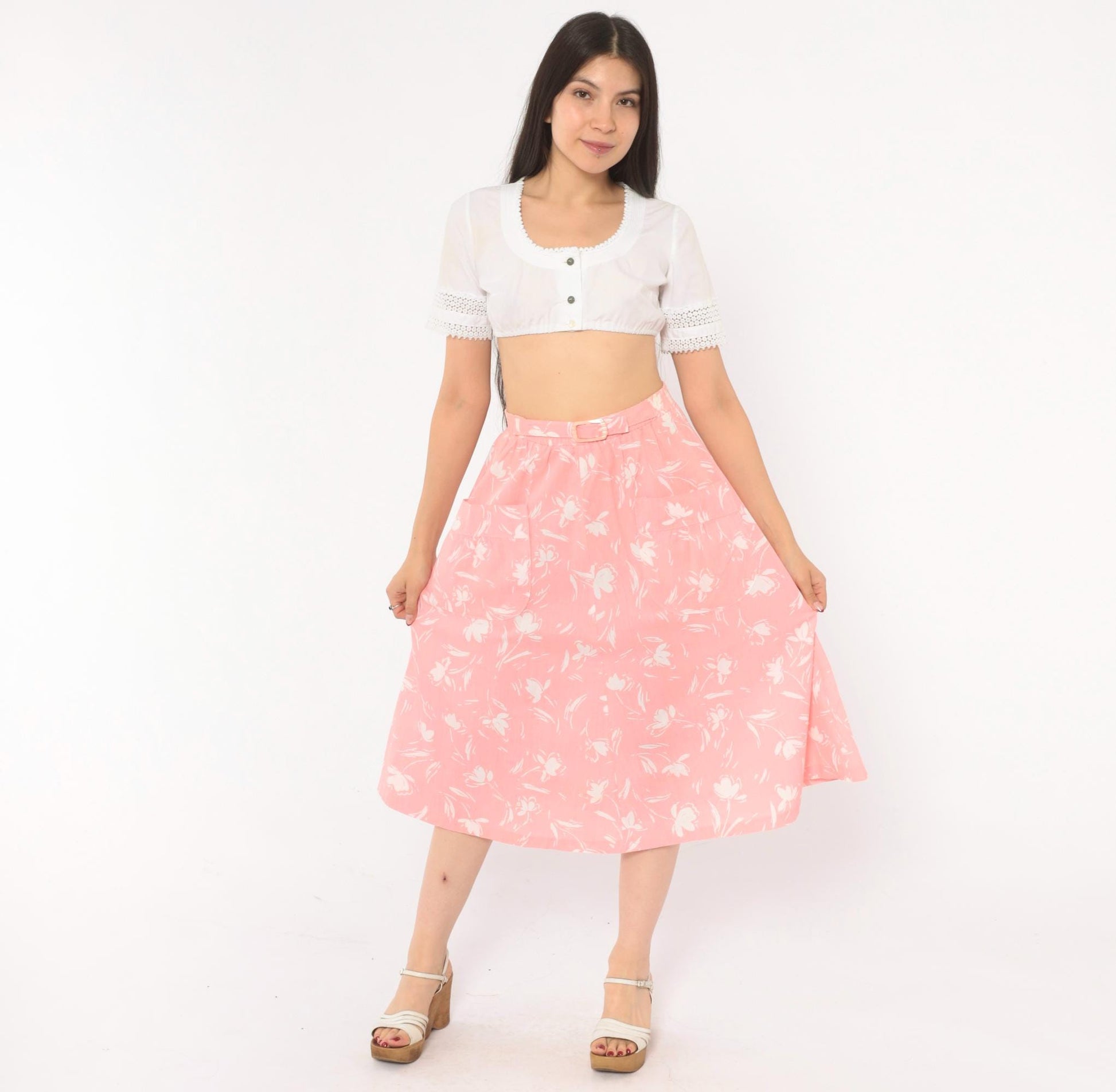 80s Ann Michele Pink Floral Midi Skirt White Tulip Print Small