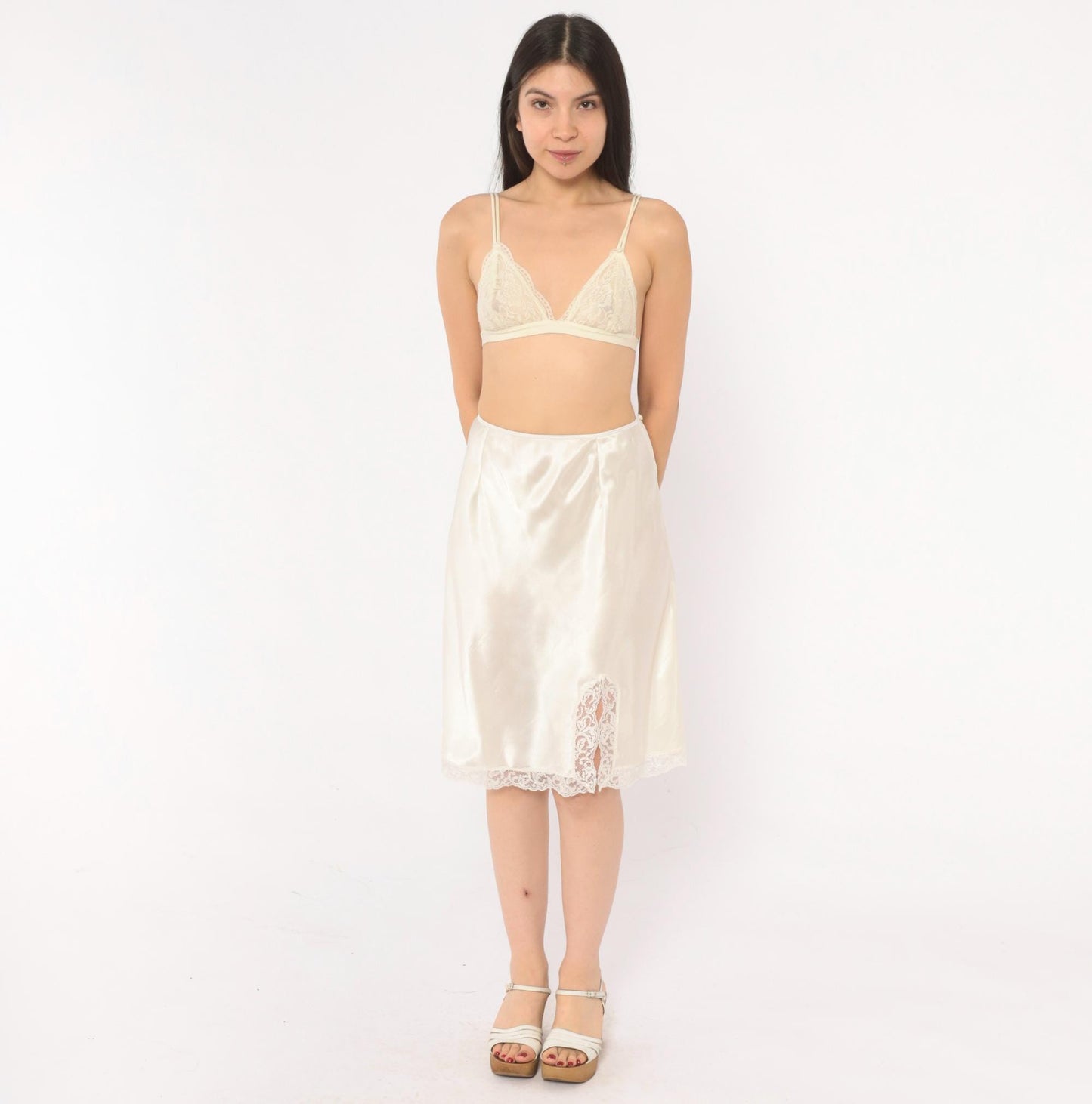 90s Victoria's Secret Half Slip Cream Satin Lace Trim Knee-Length Large L
