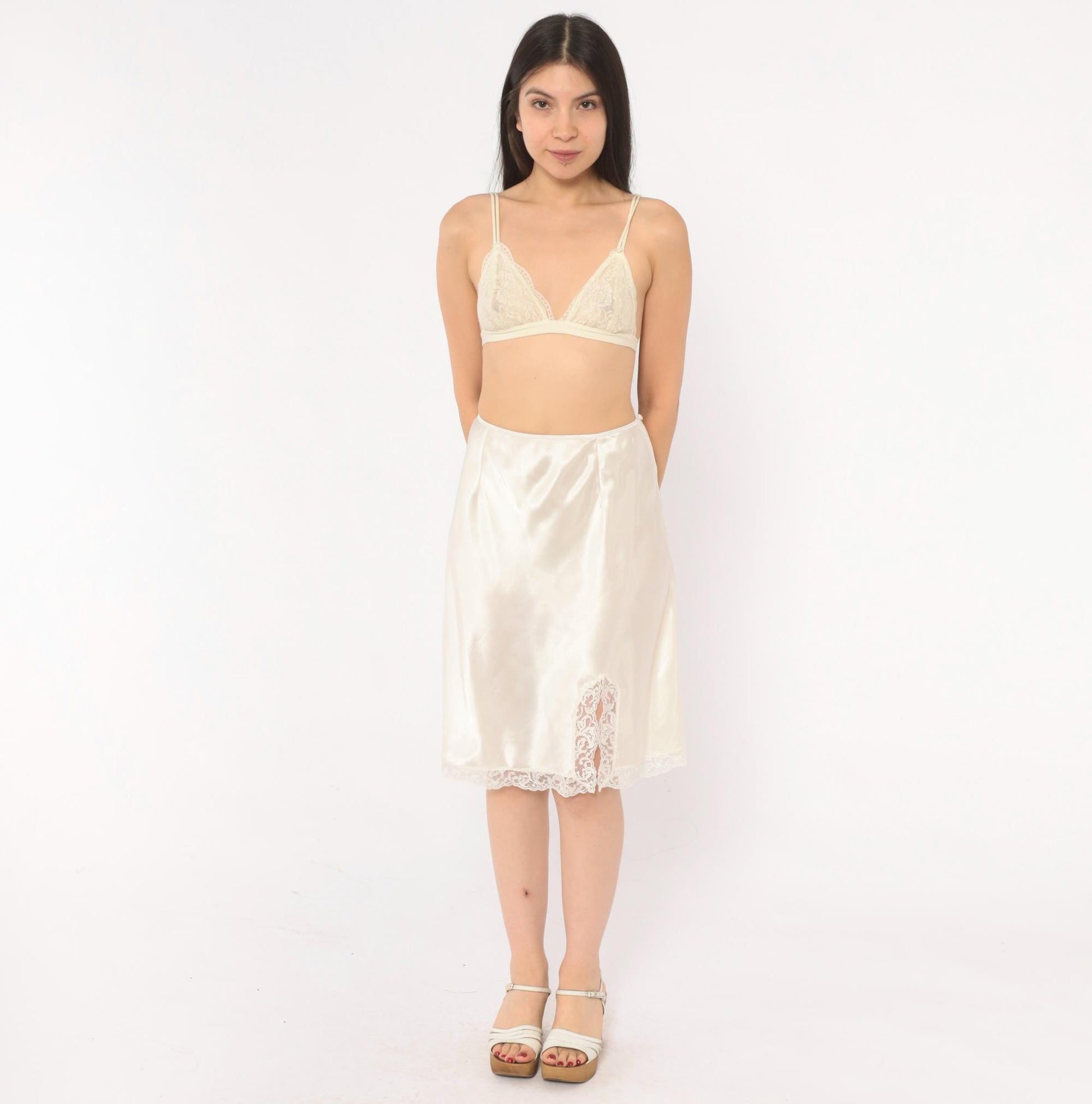 90s Victoria's Secret Half Slip Cream Satin Lace Trim Knee-Length Large L