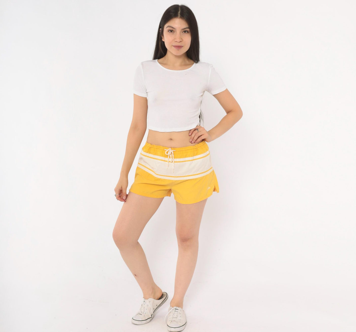 80s Run Ins Yellow Striped Swim Shorts White Band Medium