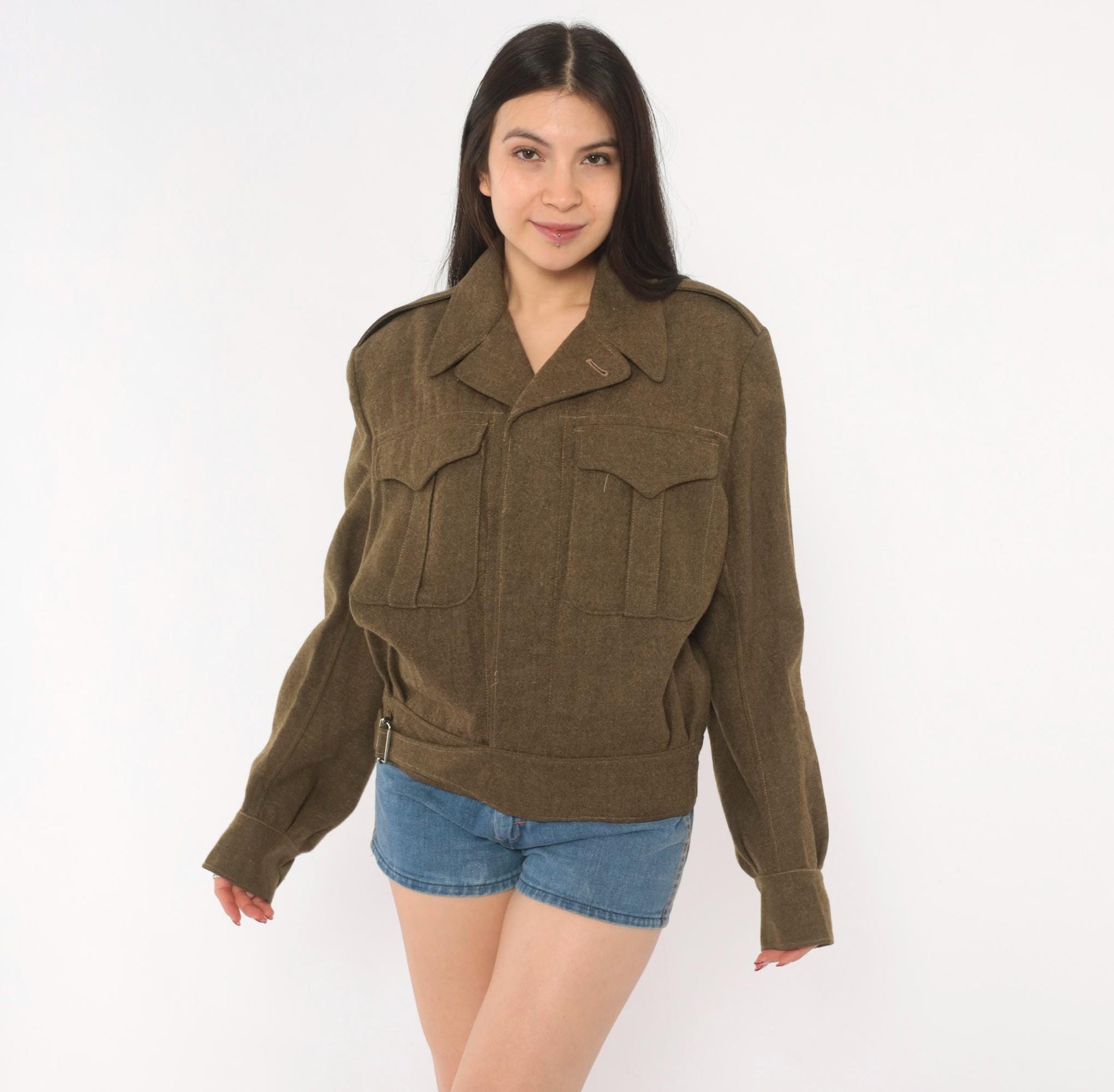 1950s Military Wool Jacket Olive Drab Cropped Blouson Army Green Medium M