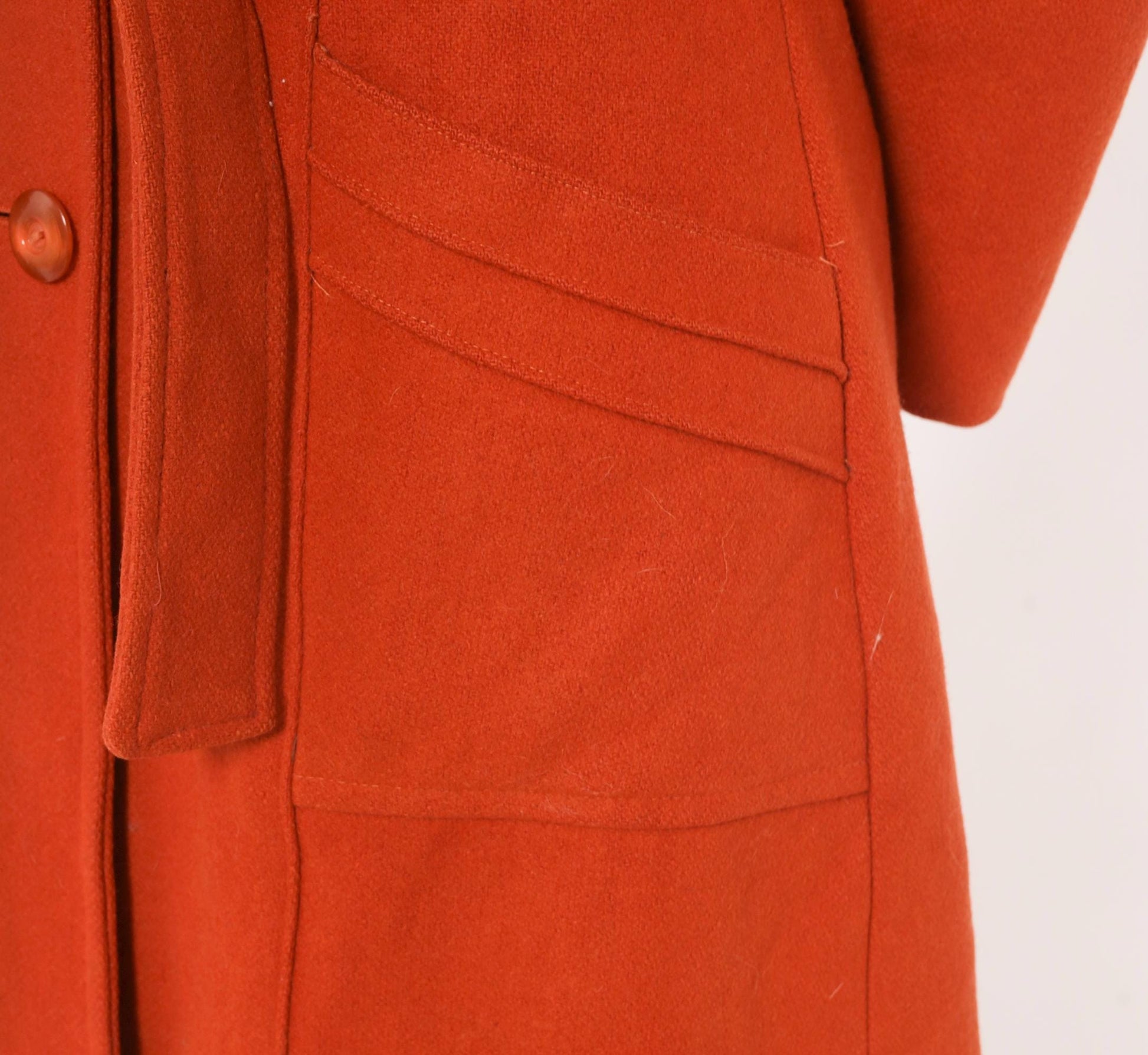 70s Burnt Orange Wool Coat Faux Fur Collar Belted Knee-Length Small