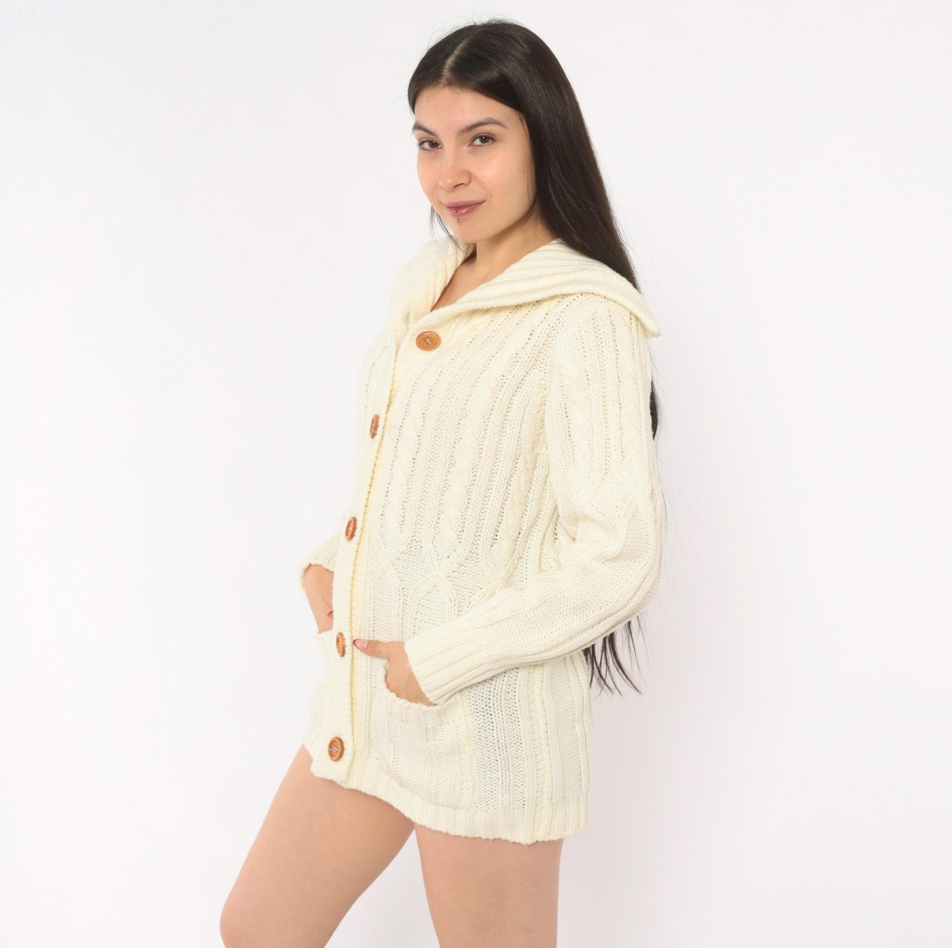 70s Exclusive Imports Cable Knit Cardigan Cream Fold-Over Collar Large L