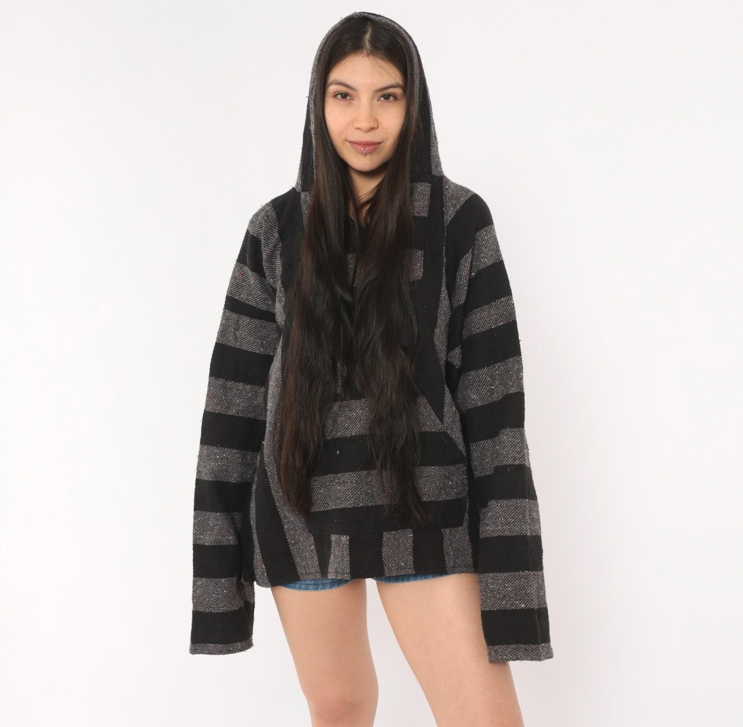 90s Baja Hoodie Black Grey Striped Woven Blanket Pullover Unisex Extra Large