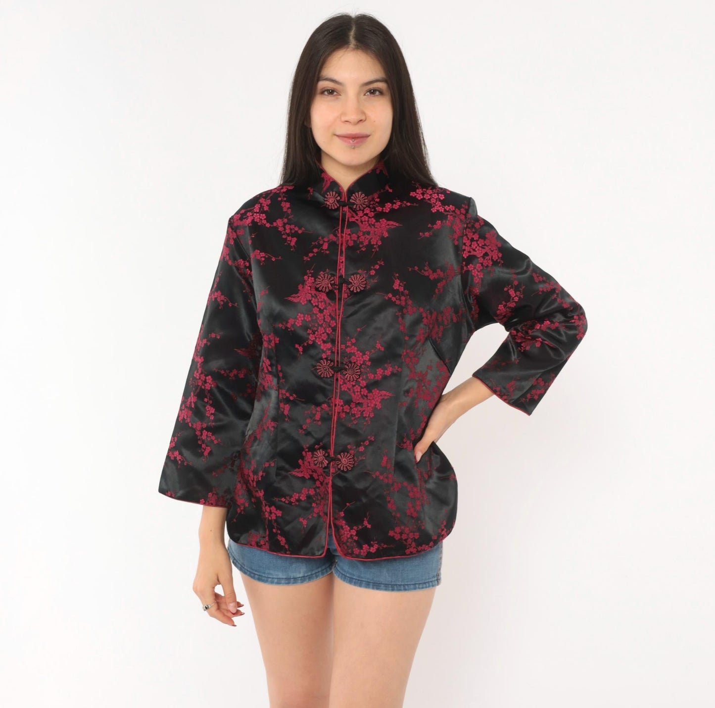 90s King Hu Black Brocade Jacket Cherry Blossom Mandarin Collar Large L