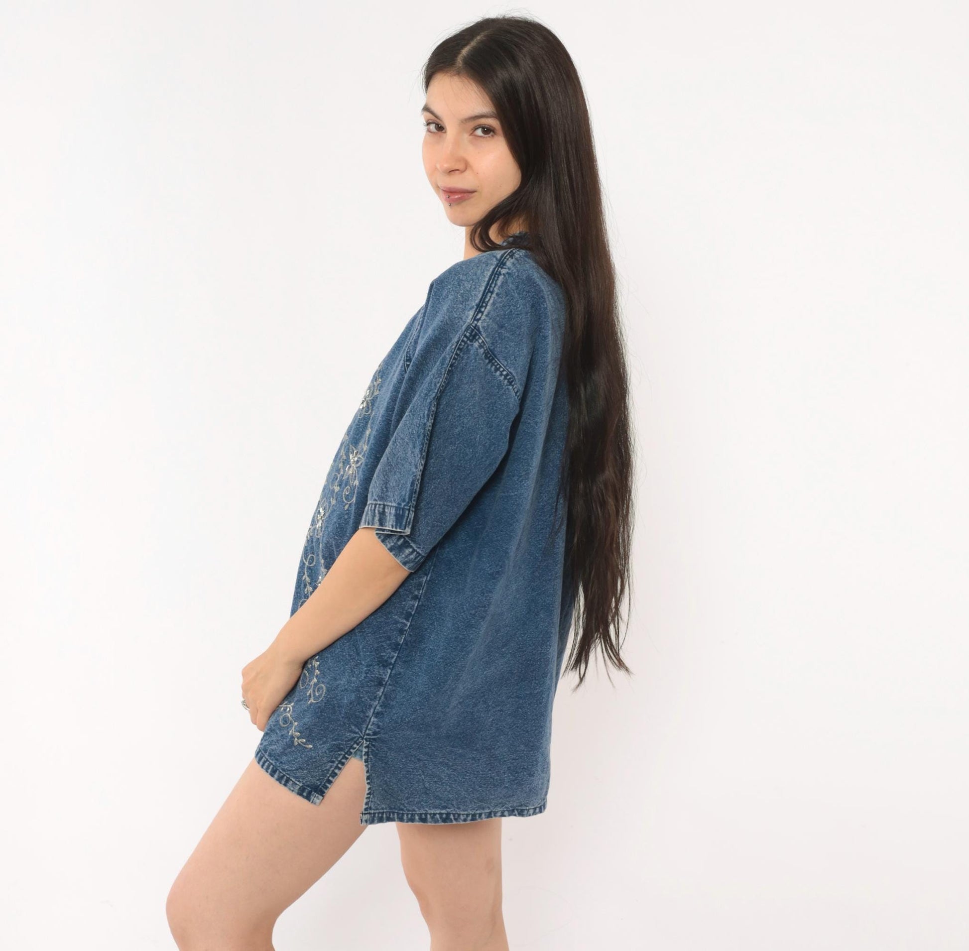 90s Premier International Denim Blouse Floral Vine Embroidery Blue Cotton Medium