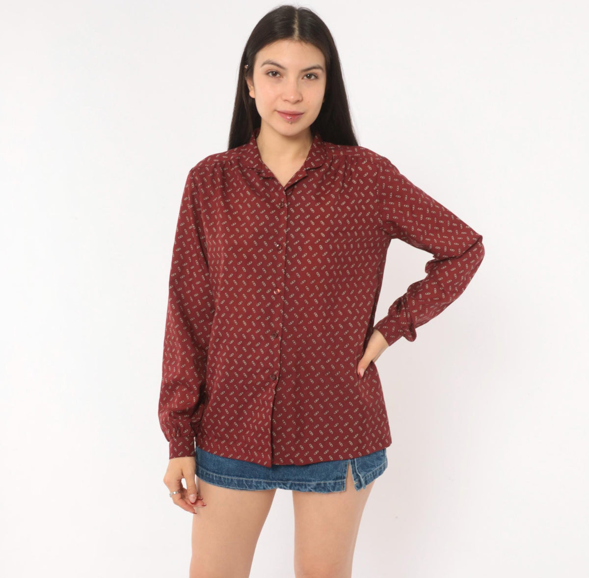 80s Koret Burgundy Chain Link Print Button Blouse Long Sleeve Medium M