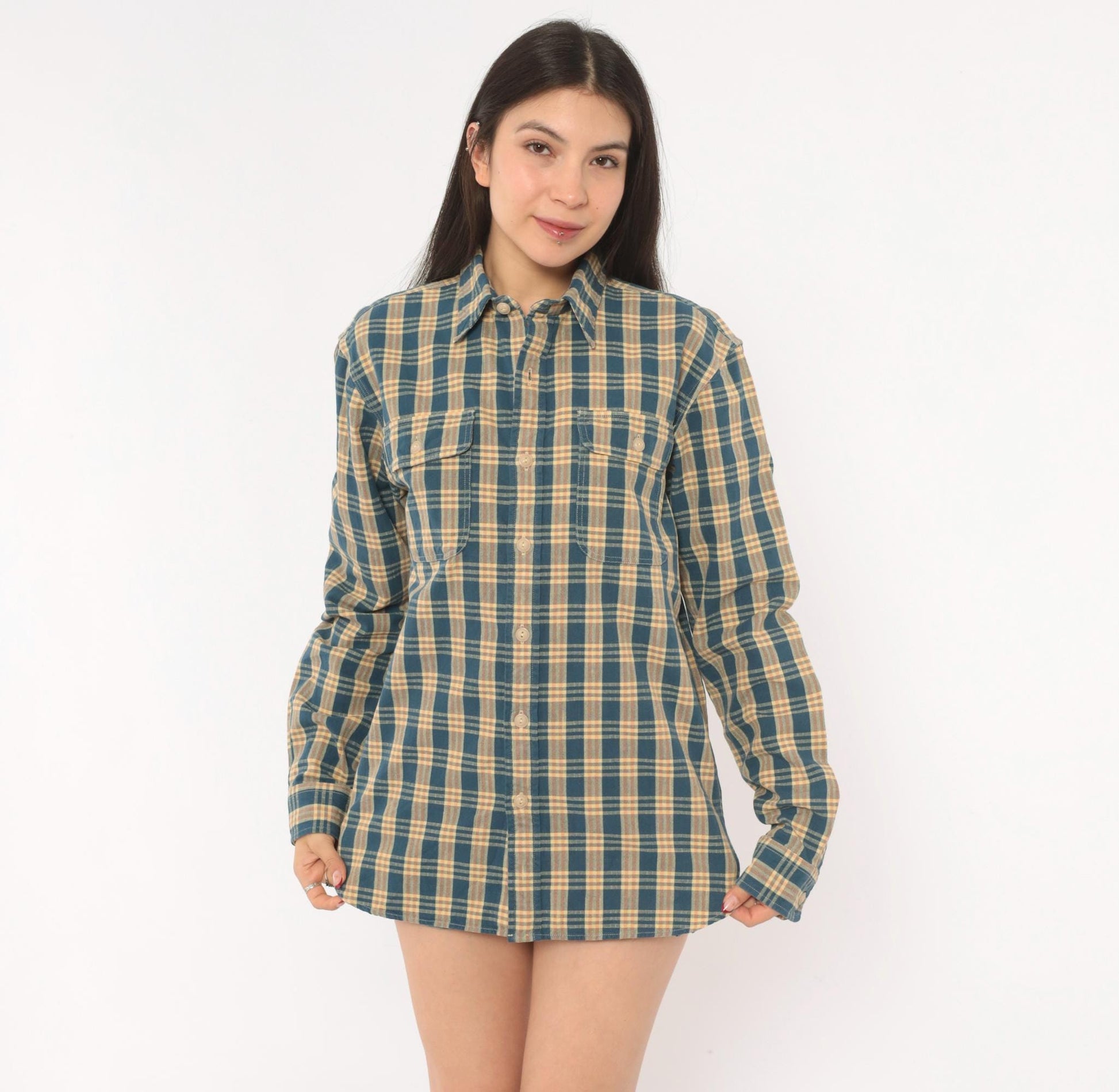 90s Ralph Lauren Plaid Flannel Shirt Teal Cream Cotton Small S