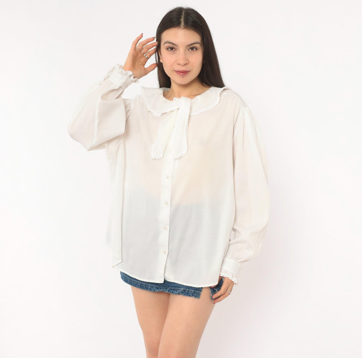70s Lady Oak Hill White Bow Collar Blouse Puff Sleeve Lace Trim Extra Large XL