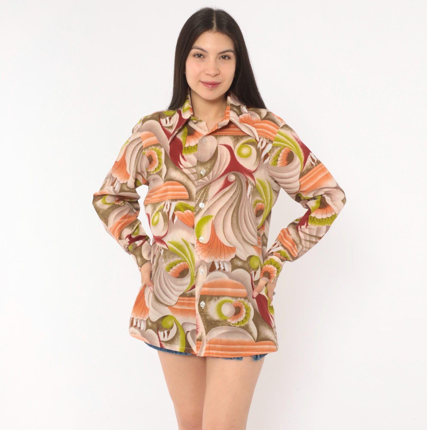 70s Landmark Button Front Shirt Psychedelic Swirl Print Olive Burgundy Medium