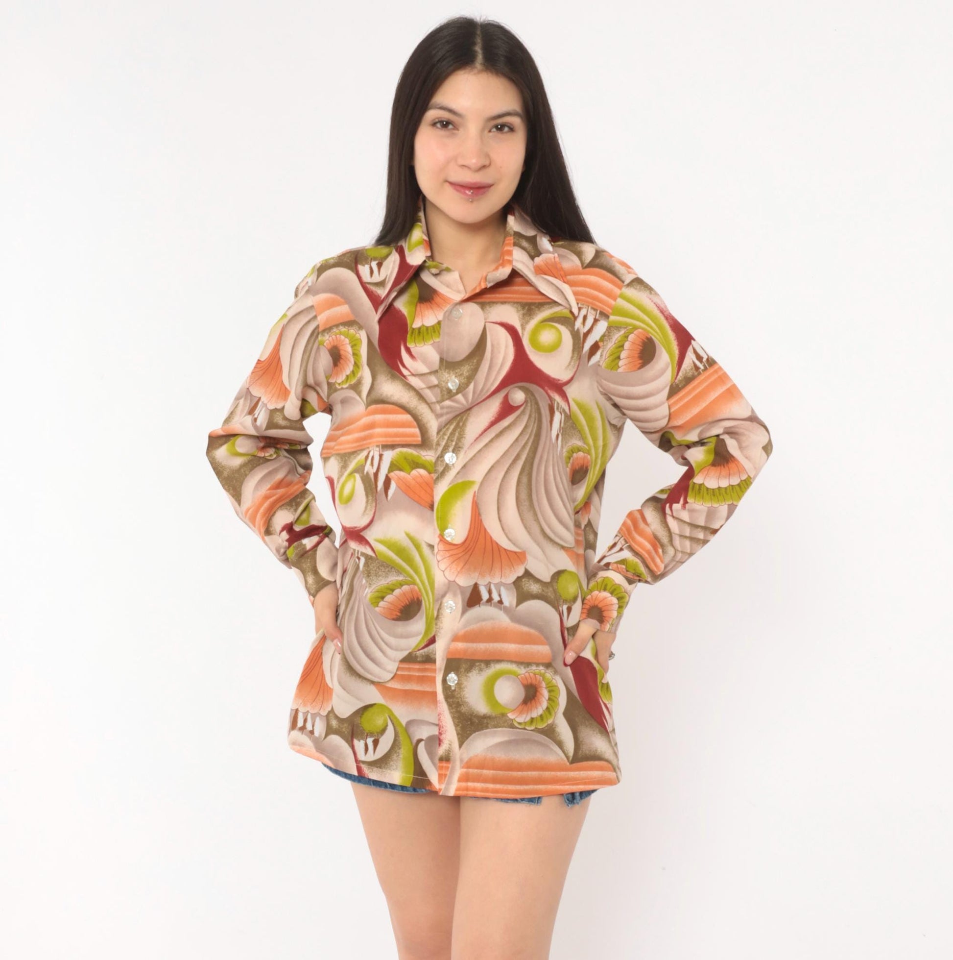70s Landmark Button Front Shirt Psychedelic Swirl Print Olive Burgundy Medium